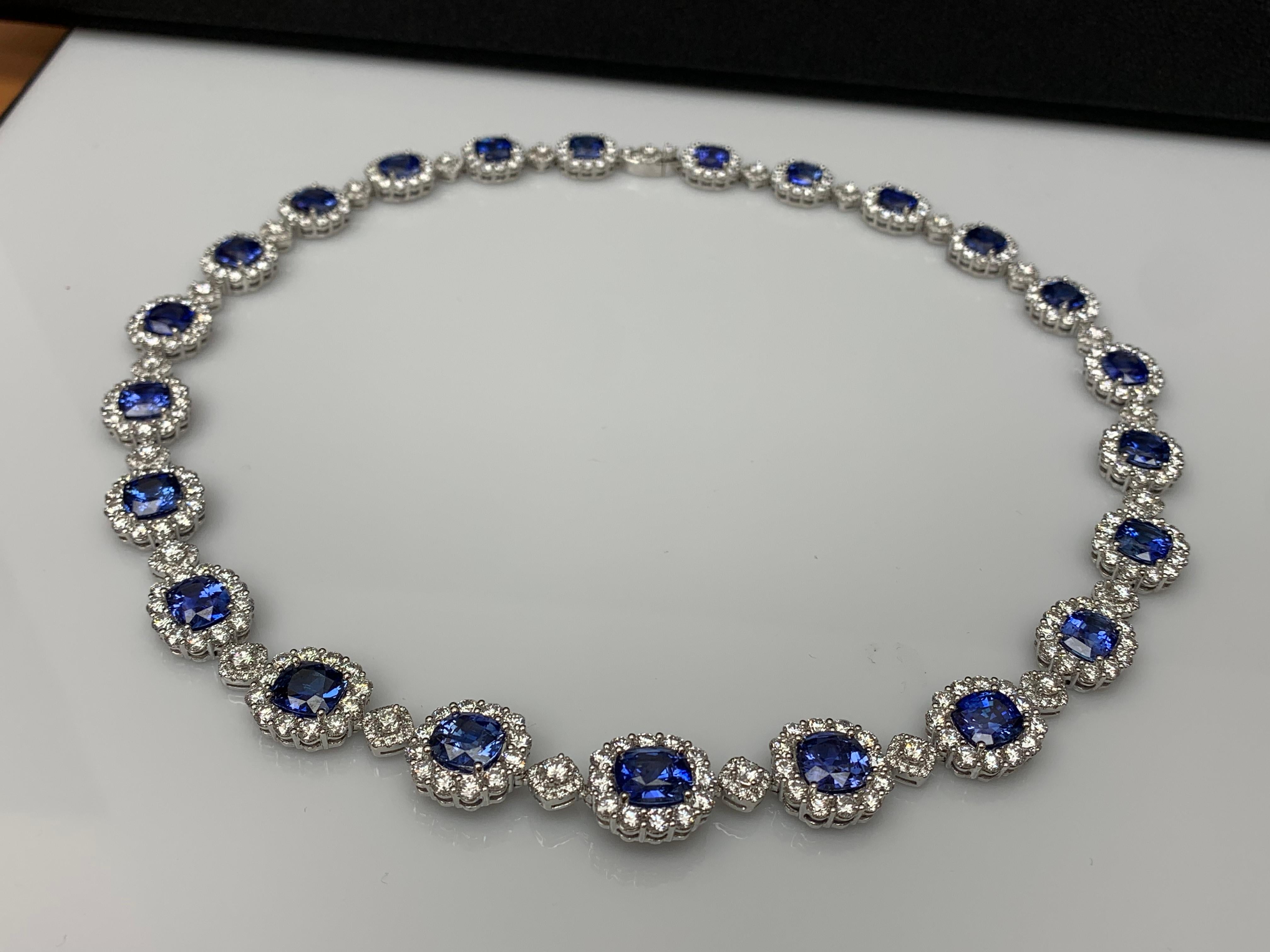 35.11 Carat Cushion Cut Blue Sapphire and Diamond Necklace in 18K White Gold For Sale 9