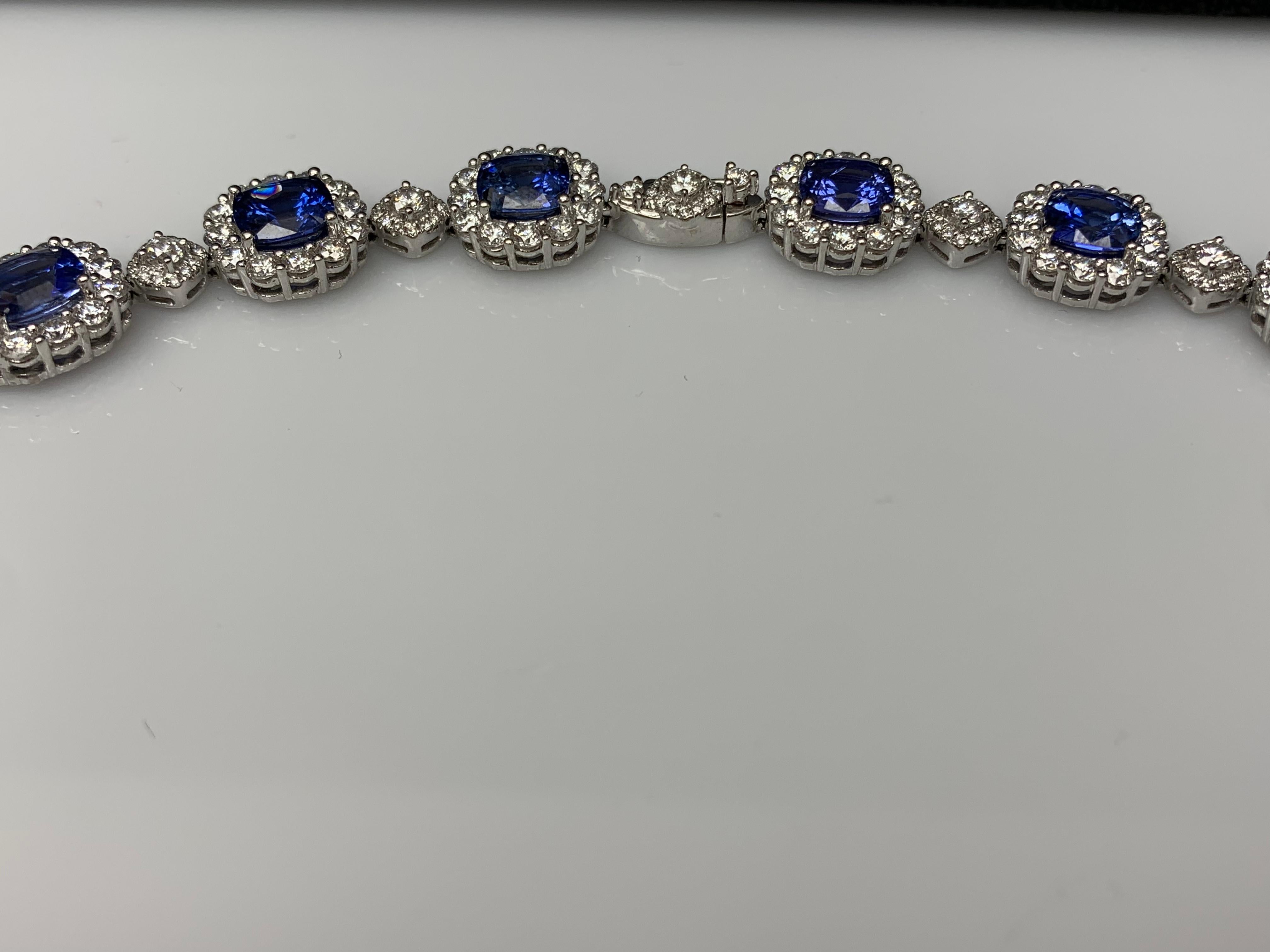 35.11 Carat Cushion Cut Blue Sapphire and Diamond Necklace in 18K White Gold For Sale 10