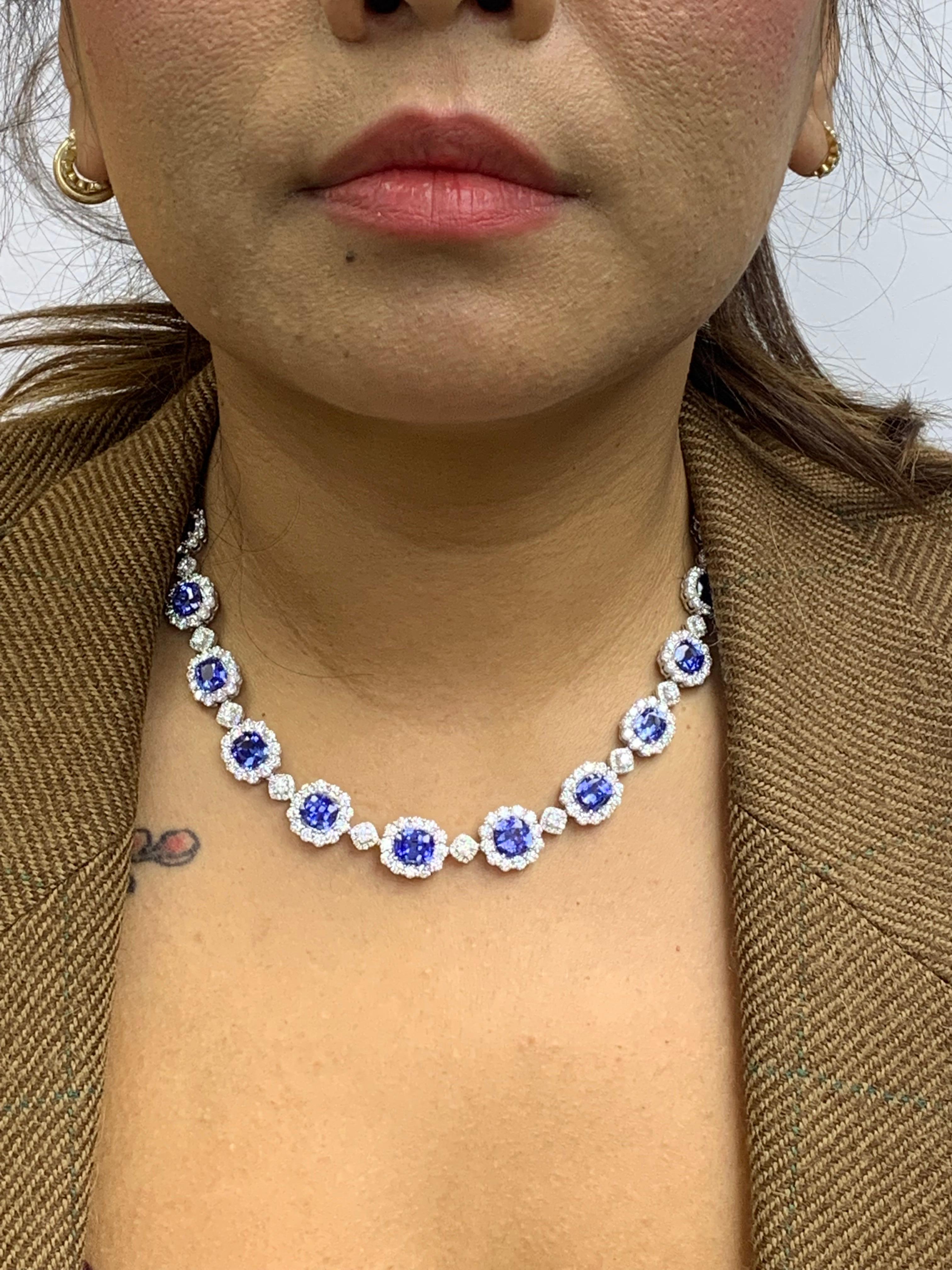 Contemporary 35.11 Carat Cushion Cut Blue Sapphire and Diamond Necklace in 18K White Gold For Sale