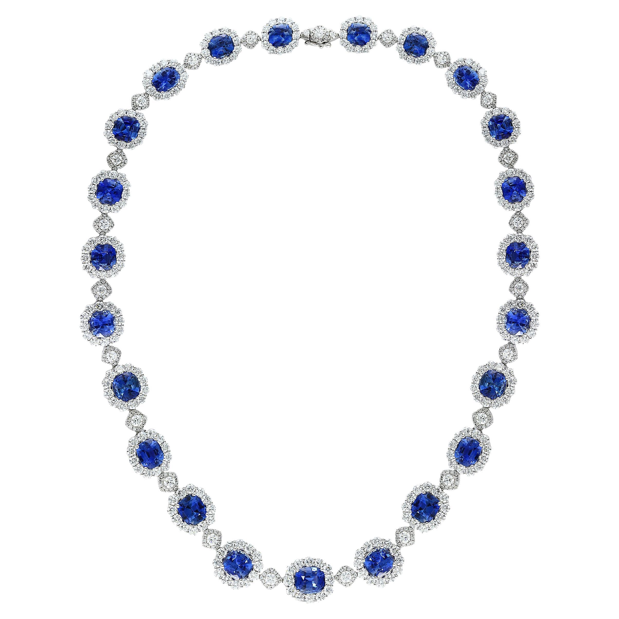 35.11 Carat Cushion Cut Blue Sapphire and Diamond Necklace in 18K White Gold