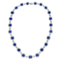 35.11 Carat Cushion Cut Blue Sapphire and Diamond Necklace in 18K White Gold