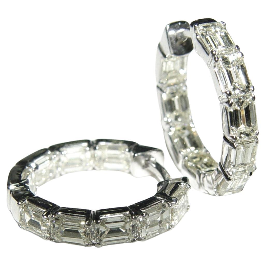 Round shape hoop earrings (contemporary design, manufactured after 2010) encrusted with 18 Emerald Cut natural diamonds weighing approximately 3.51CT (J-K in color, VS in clarity, beautiful sparkly stones measuring on average 4x3MM. Prong set into
