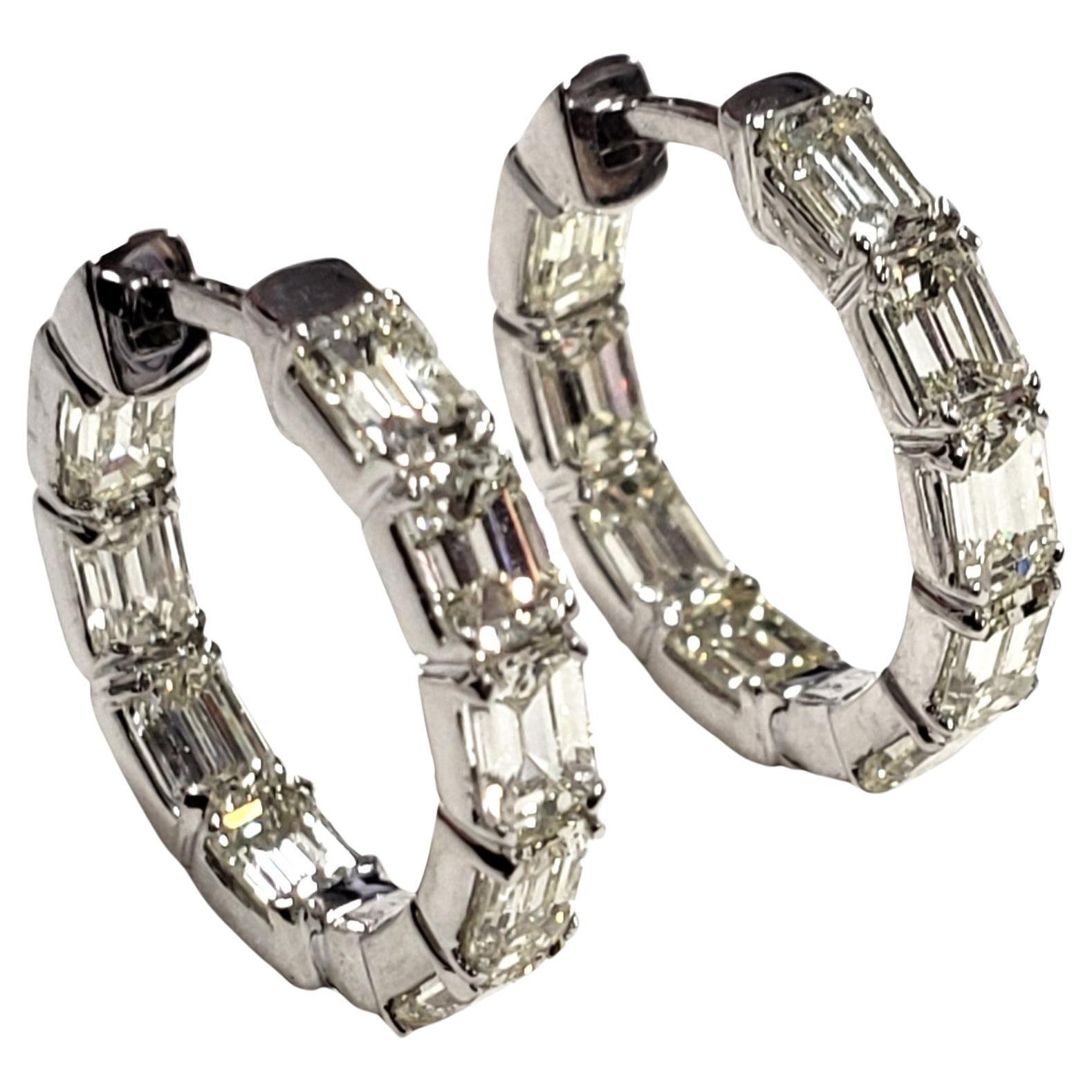 3.51CT Emerald Cut  Natural Diamond hoop earrings 14K 18MM For Sale