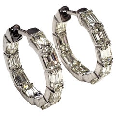 3.51CT Emerald Cut  Natural Diamond hoop earrings 14K 18MM