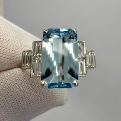 3.51ct Fine Blue Emerald Cut Aquamarine And Diamond Art Deco Platinum Ring