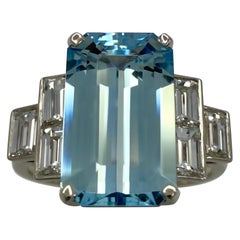 3.51ct Fine Blue Emerald Cut Aquamarine And Diamond Art Deco Platinum Ring