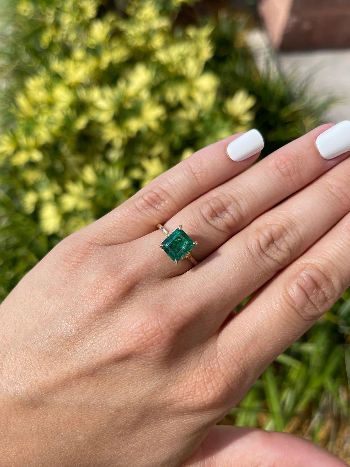 Asscher Cut 3.51tcw 14K Natural Emerald-Emerald Cut & Diamond Accent Floral Engagement Ring For Sale
