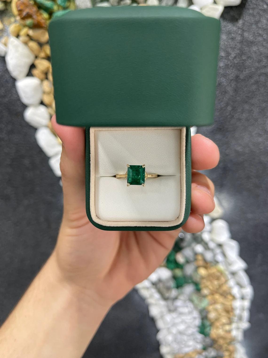 3.51tcw 14K Natural Emerald-Emerald Cut & Diamond Accent Floral Engagement Ring In New Condition For Sale In Jupiter, FL