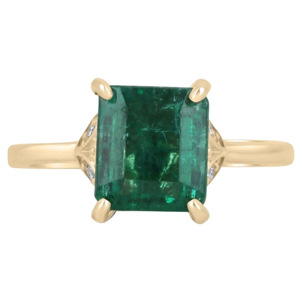 Verlobungsring 3,51tcw 14K natürlicher Smaragd-Emerald-Schliff & Diamant-Akzent Blumenschliff