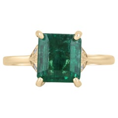 3.51tcw 14K Natural Emerald-Emerald Cut & Diamond Accent Floral Engagement Ring