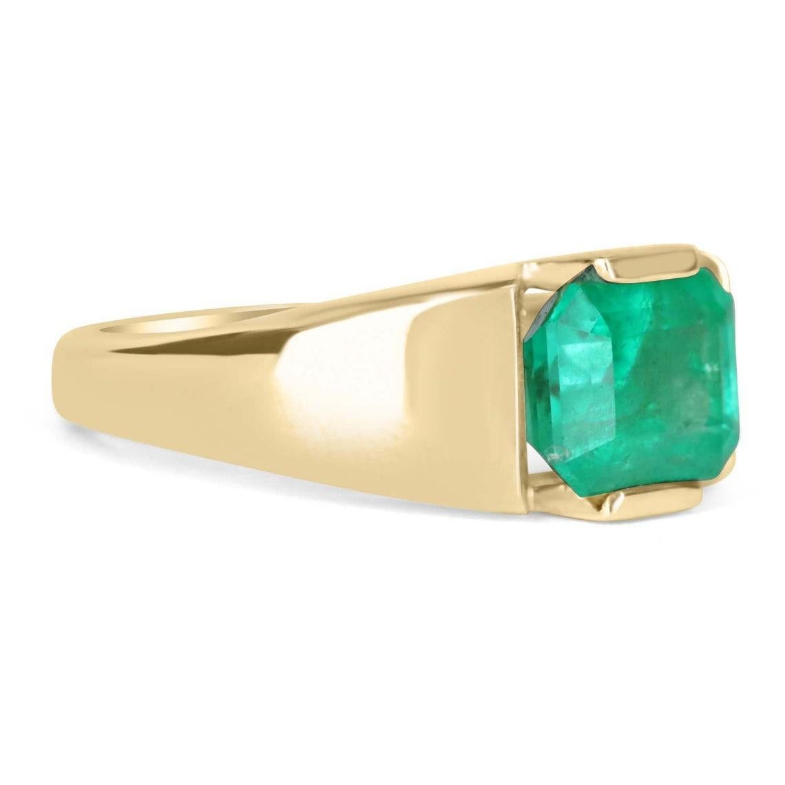 Setting Style: Tension - Solitaire
Setting Material: 14K Yellow Gold
Weight: 8.4 grams

Main Stone: Emerald
Shape: Emerald Cut
Weight: 3.52-carats
Measurements: 9.77 mm x 7.35 mm
Clarity: Semi-Transparent
Color: Green
Luster: Excellent-Very