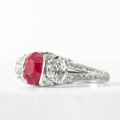 3.52 Carat Antique Cushion Unheated Burma Ruby and Diamond 3-Stone Platinum Ring