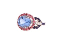 3.52 Carat Blue Beryl, Pink Tourmaline, and Iolite East West Halo Ring 14K Gold