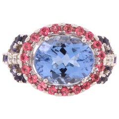 3.52 Carat Blue Beryl, Pink Tourmaline, and Iolite East West Halo Ring 14K Gold