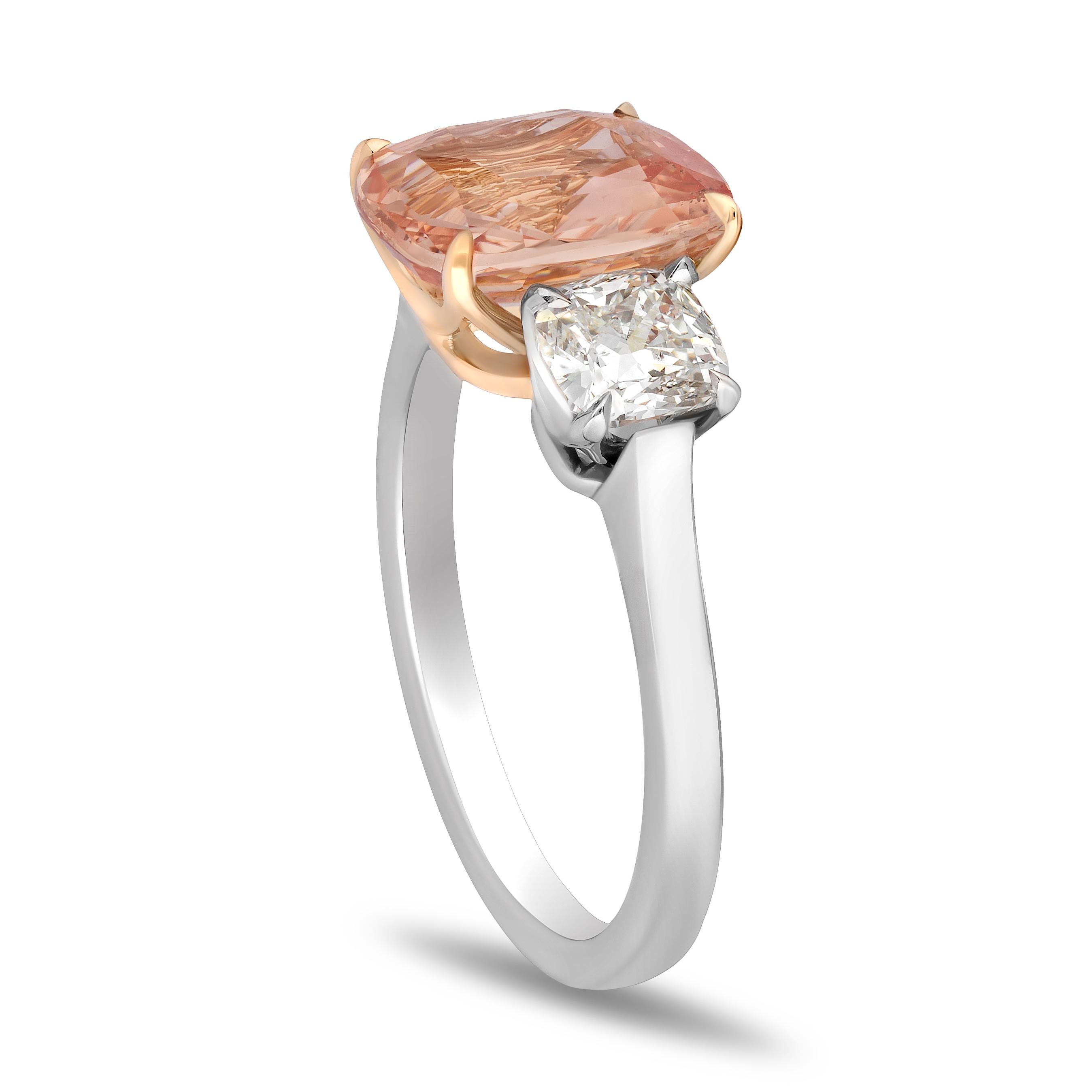3.52 carat Cushion Padparadscha with two Cushion Brilliant Diamonds 1.18 carats set in a handmade Platinum & 18k ring