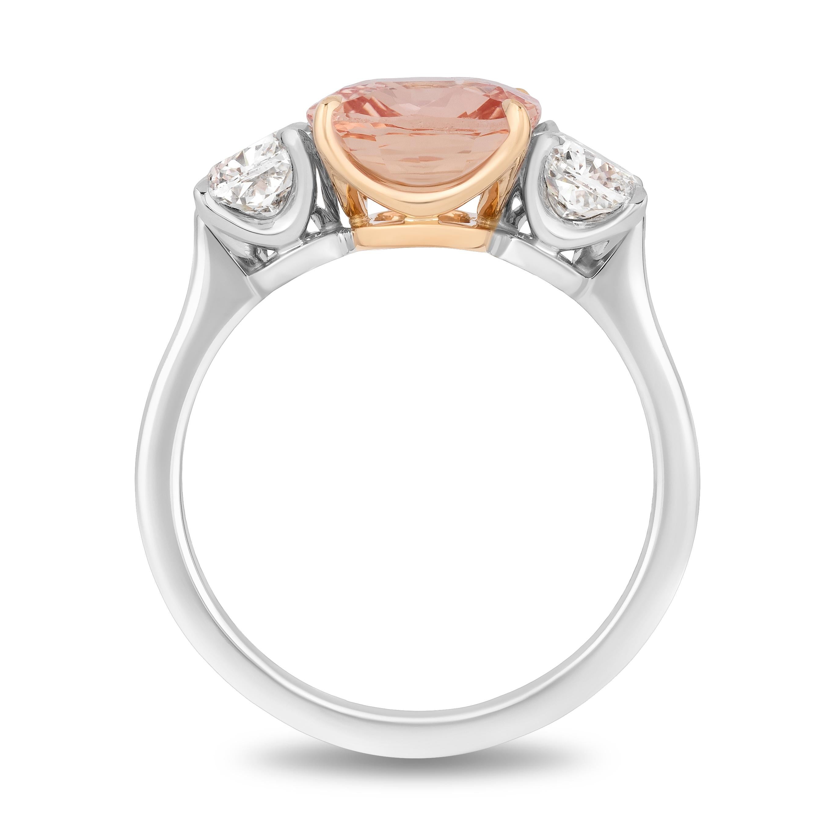 Contemporary 3.52 Carat Cushion Padparadscha and Diamond Platinum Ring For Sale