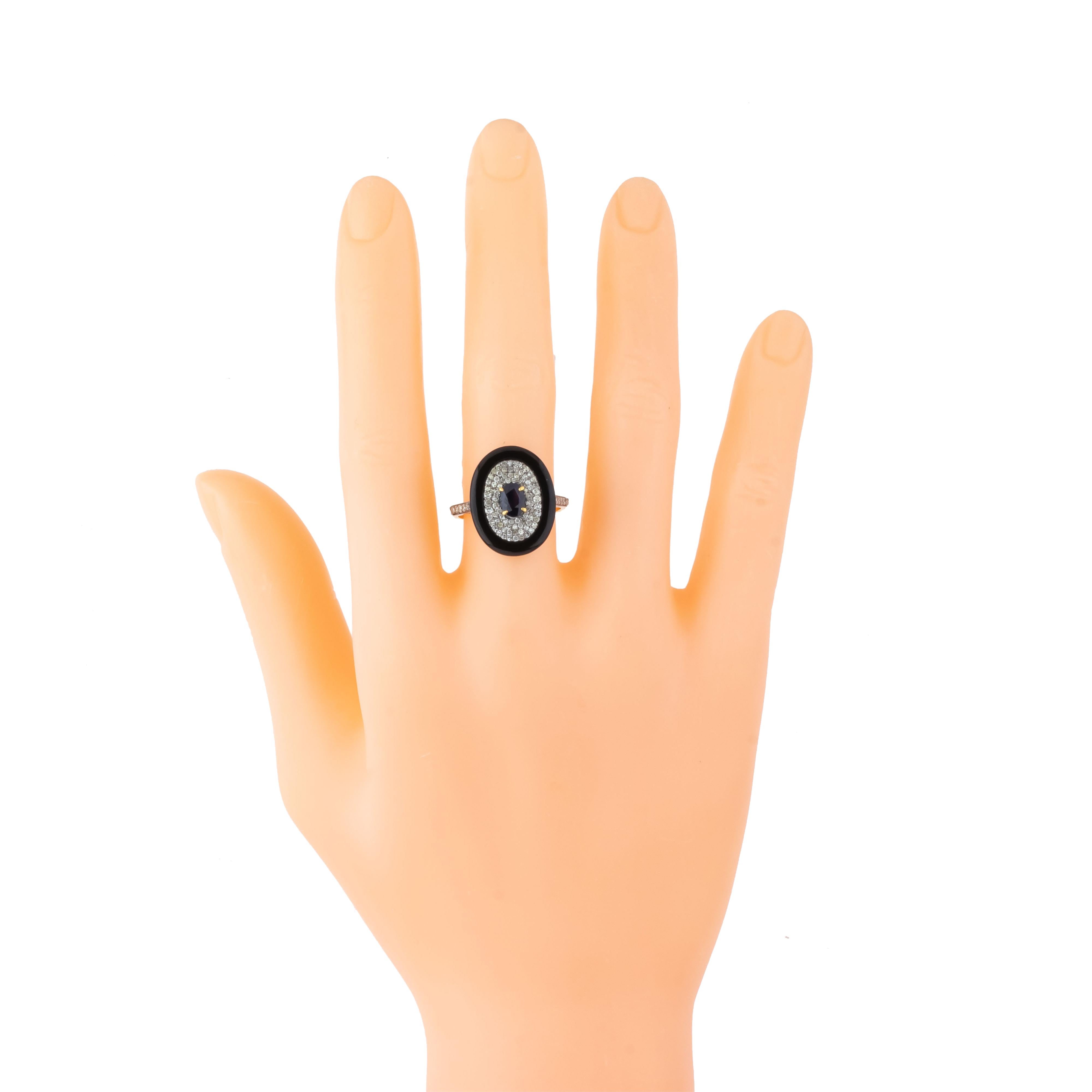Contemporary 3.52 Carat Diamond, Black Onyx and Sapphire Cocktail Ring For Sale