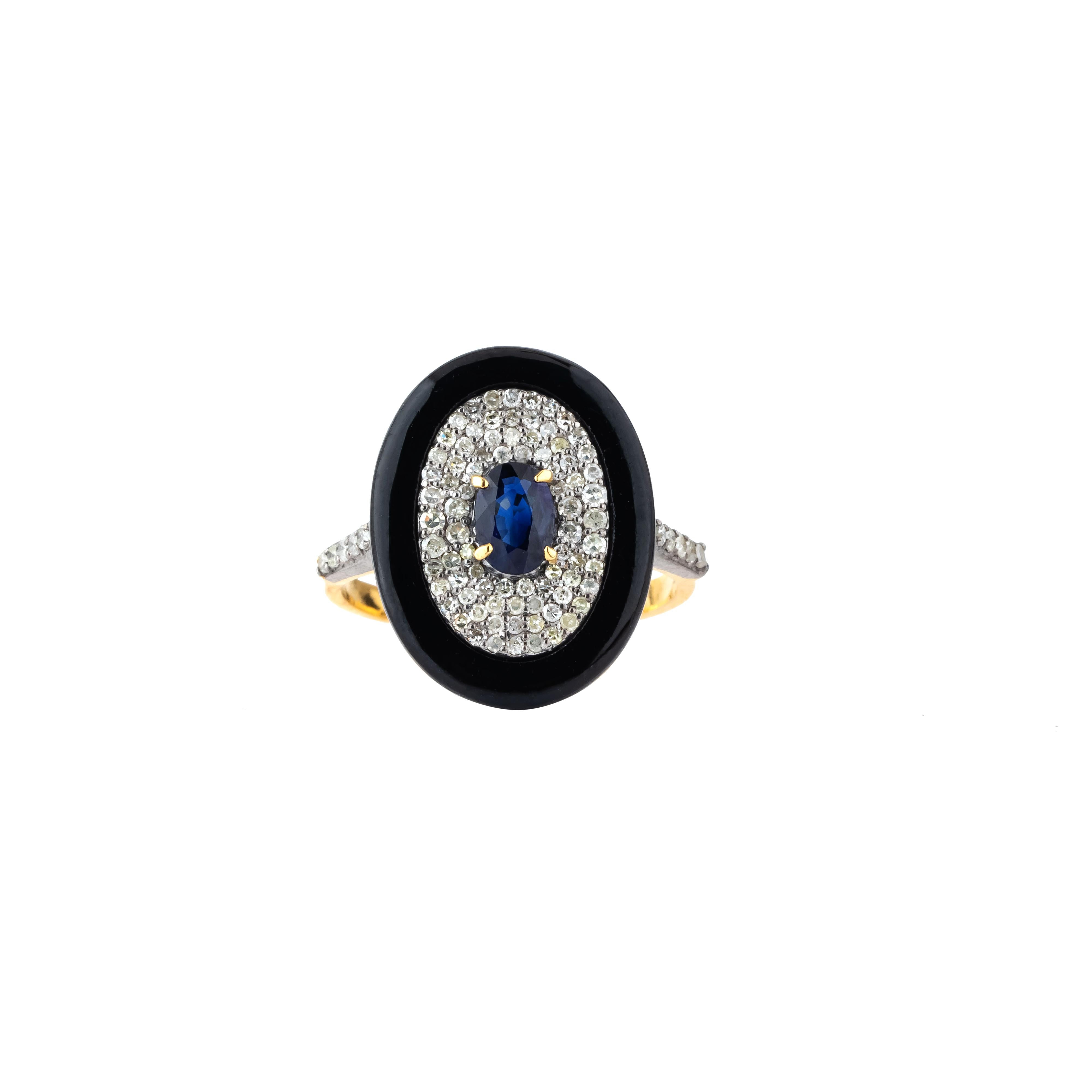 Round Cut 3.52 Carat Diamond, Black Onyx and Sapphire Cocktail Ring For Sale