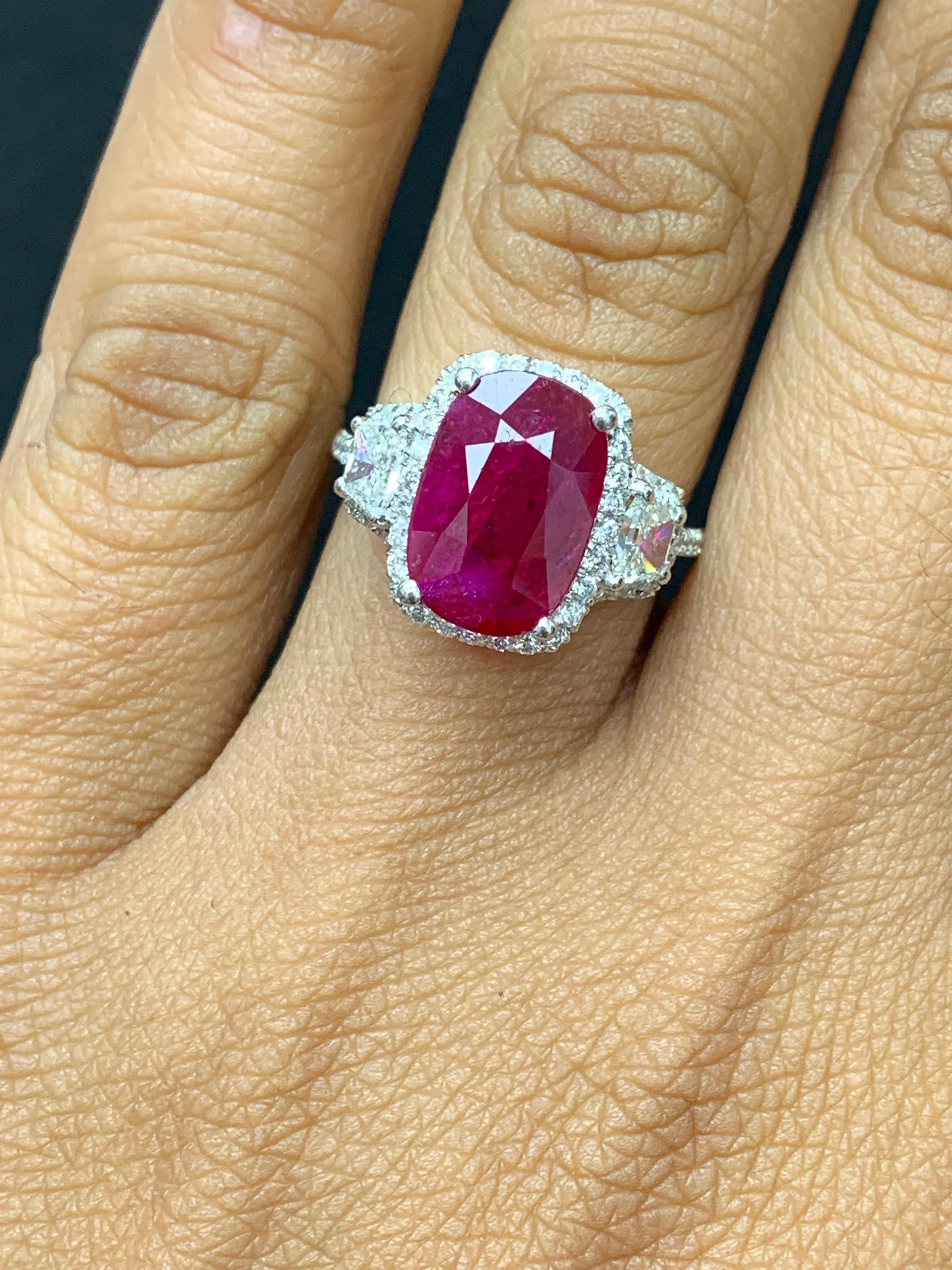 3.52 Carat Elongated Cushion Cut Ruby and Diamond Three Stone Ring in Platinum For Sale 4