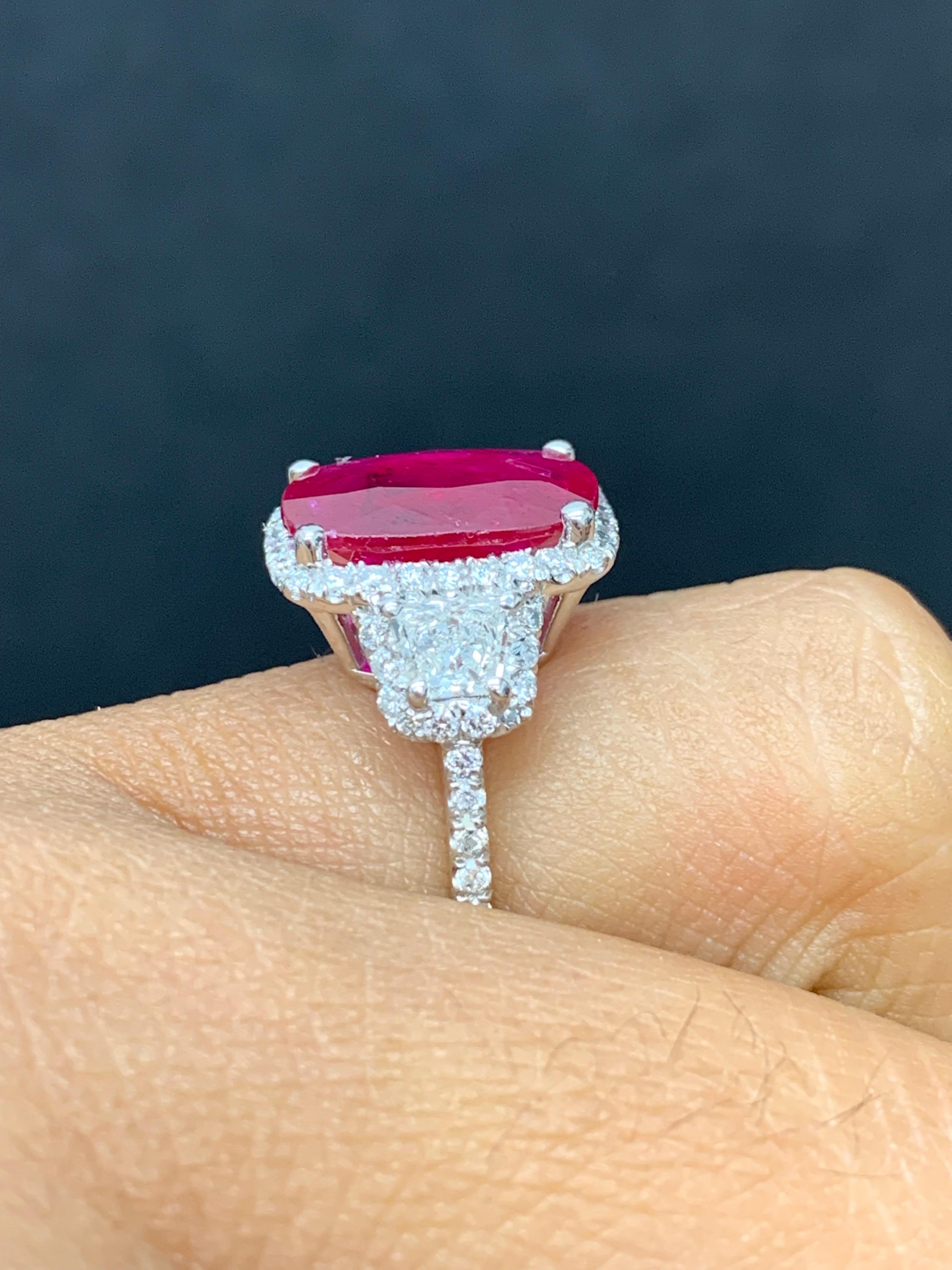 3.52 Carat Elongated Cushion Cut Ruby and Diamond Three Stone Ring in Platinum For Sale 7