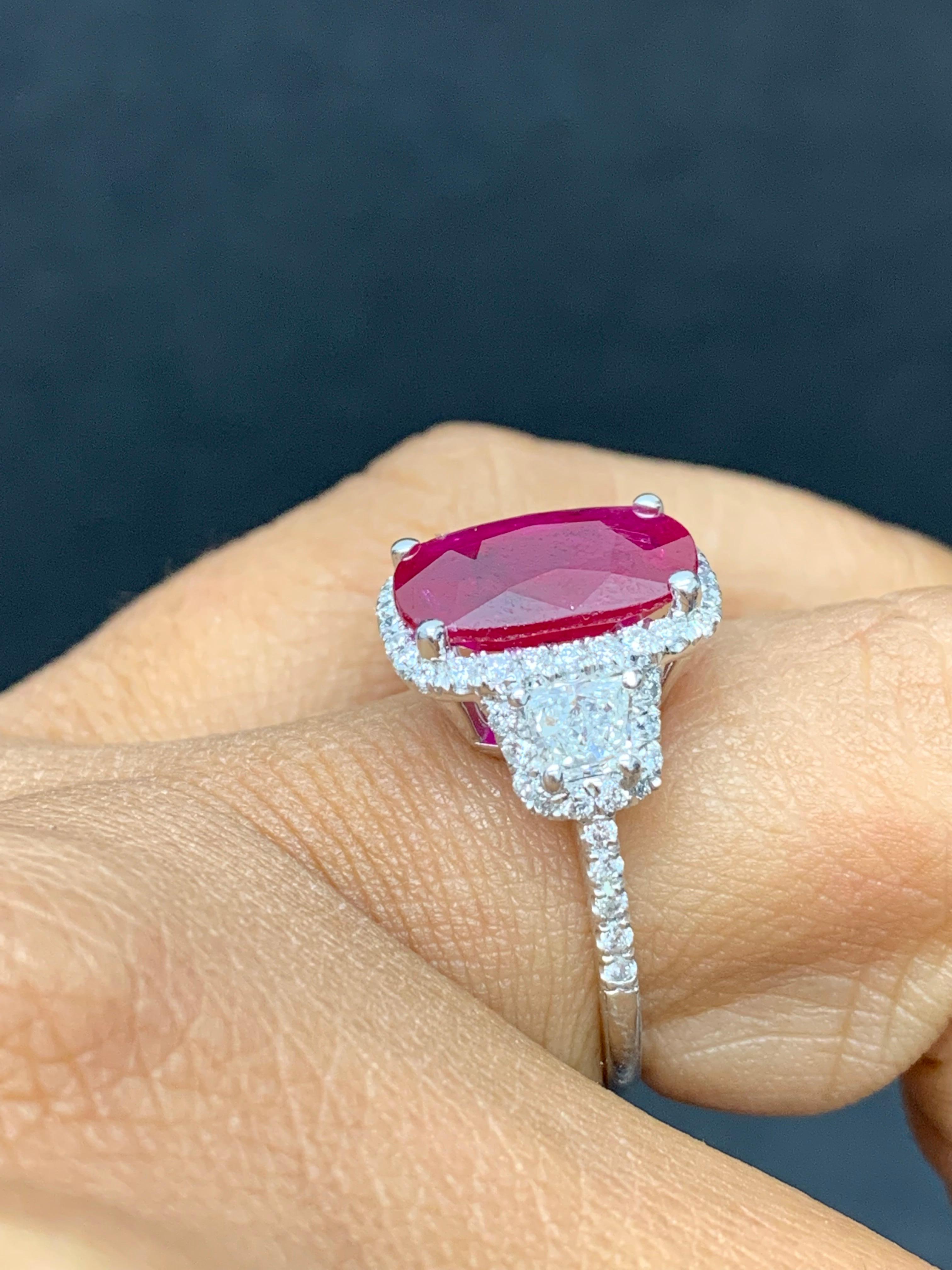 3.52 Carat Elongated Cushion Cut Ruby and Diamond Three Stone Ring in Platinum For Sale 8