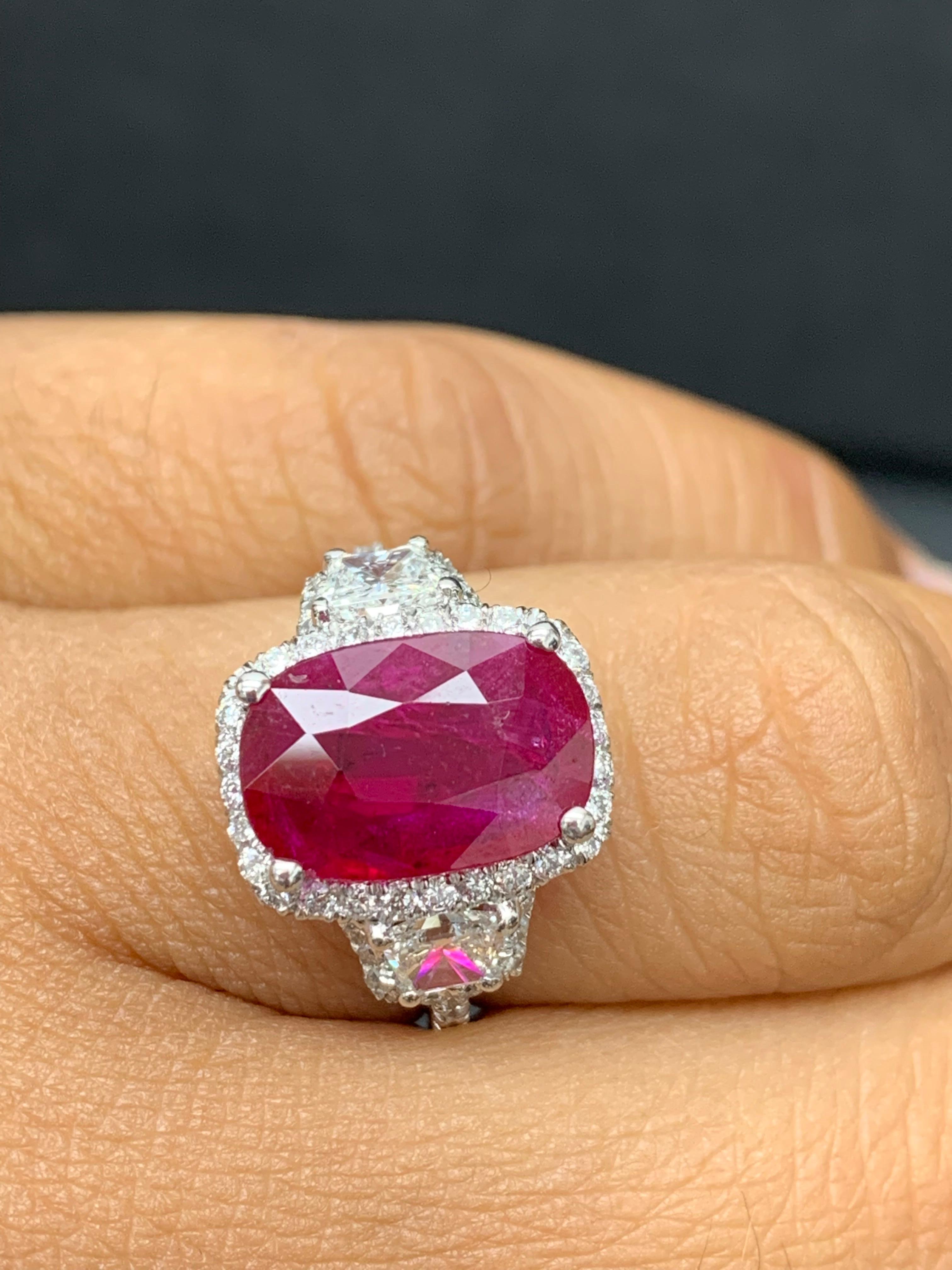3.52 Carat Elongated Cushion Cut Ruby and Diamond Three Stone Ring in Platinum For Sale 9