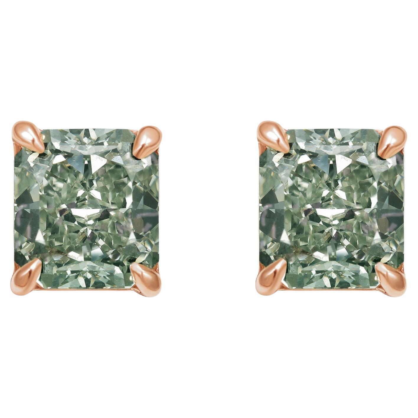 3.52 Carat Green Diamond Chameleon Radiant Studs For Sale
