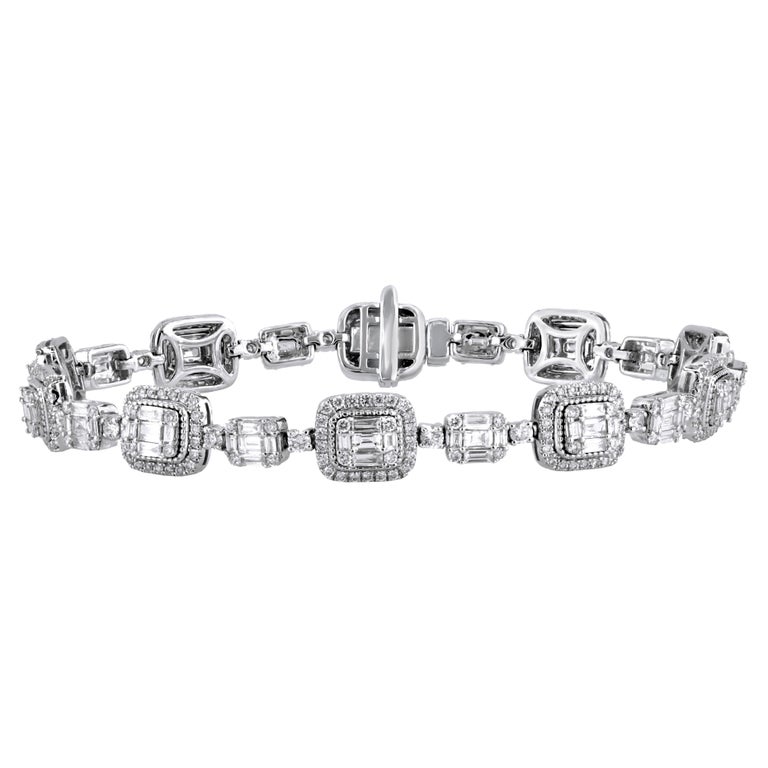 3.52 Carat Mixed Round and Baguette Cut Diamond Bracelet in 14k White Gold For Sale