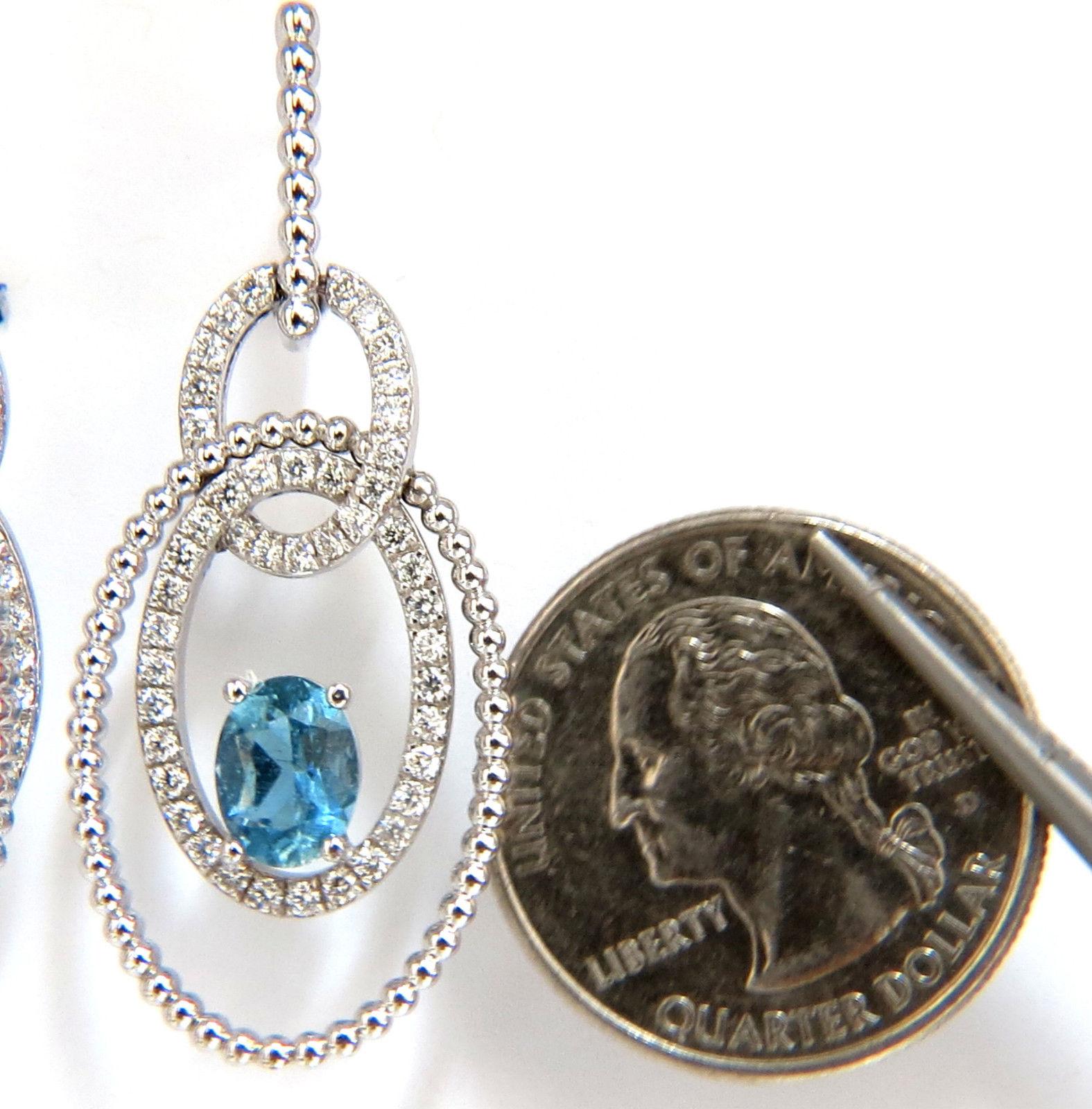 Women's or Men's 3.52 Carat Natural Blue Aquamarine Diamonds Earrings 14 Karat Dangle Loops For Sale