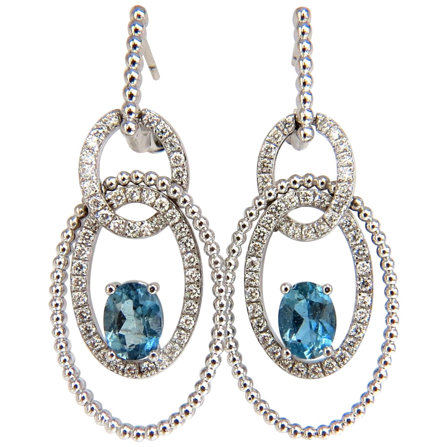 Boucles d'oreilles pendantes en or 14 carats avec aigue-marine bleue naturelle de 3,52 carats et diamants