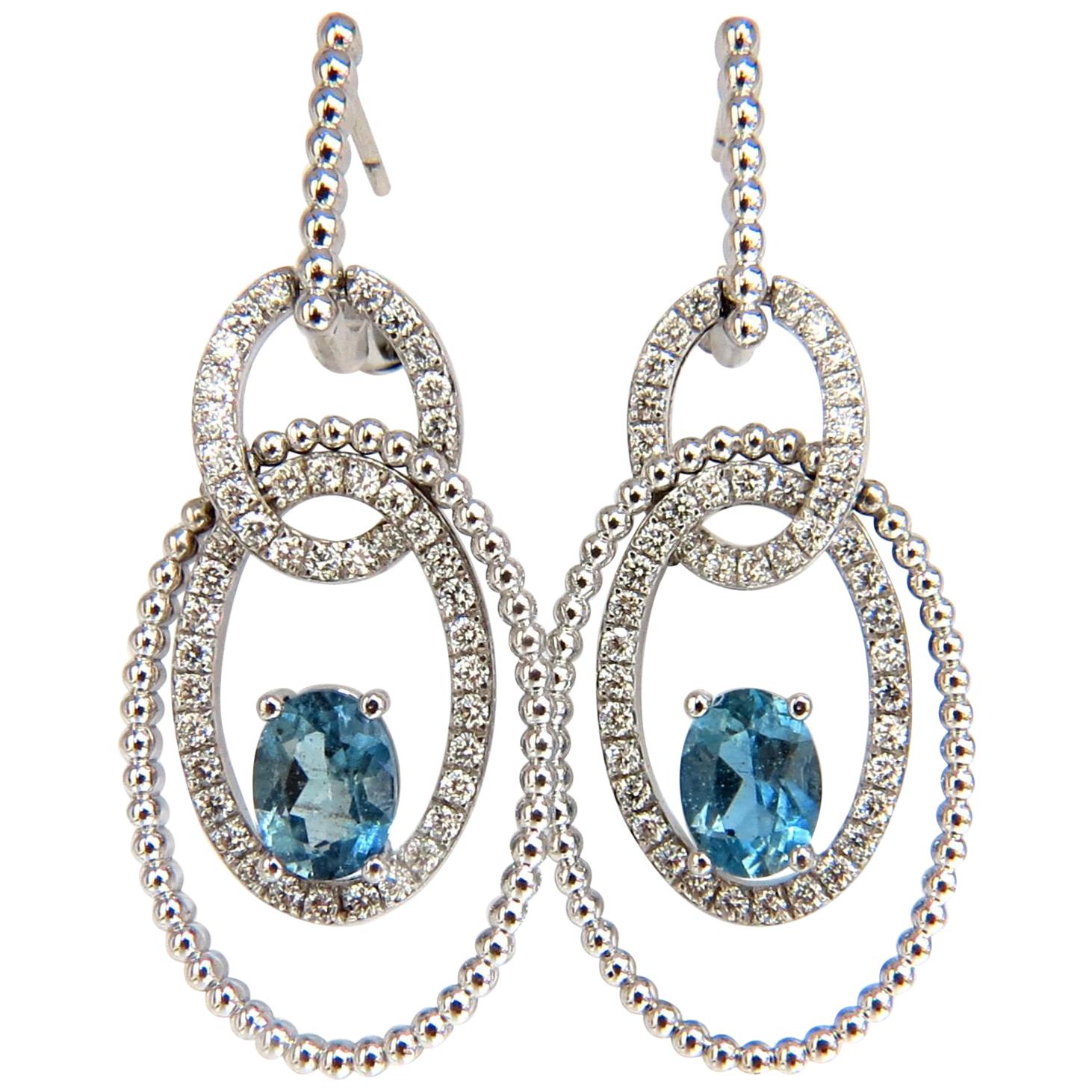 3.52 Carat Natural Blue Aquamarine Diamonds Earrings 14 Karat Dangle Loops*