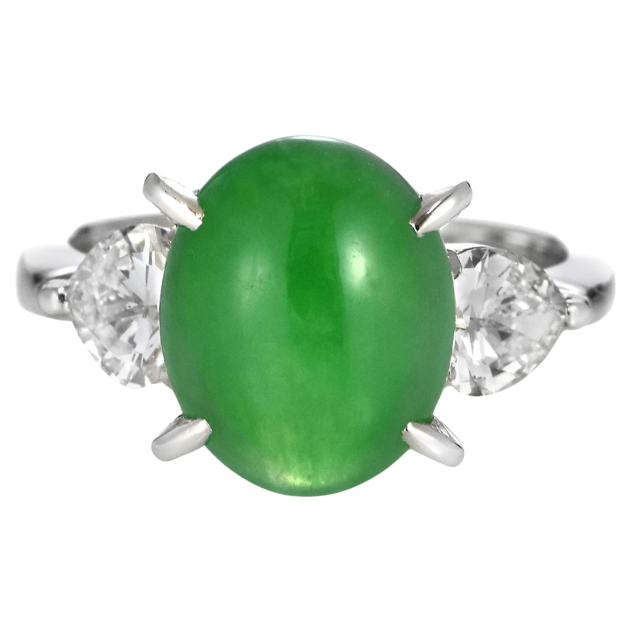 3.52 Carat Natural Type A Jadeite and Diamond Three-Stone Ring Made in Platinum