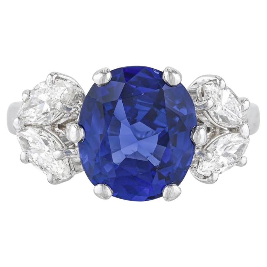 3.52 Carat Oval Blue Sapphire and Diamond Engagement Ring, SSEF Certified For Sale