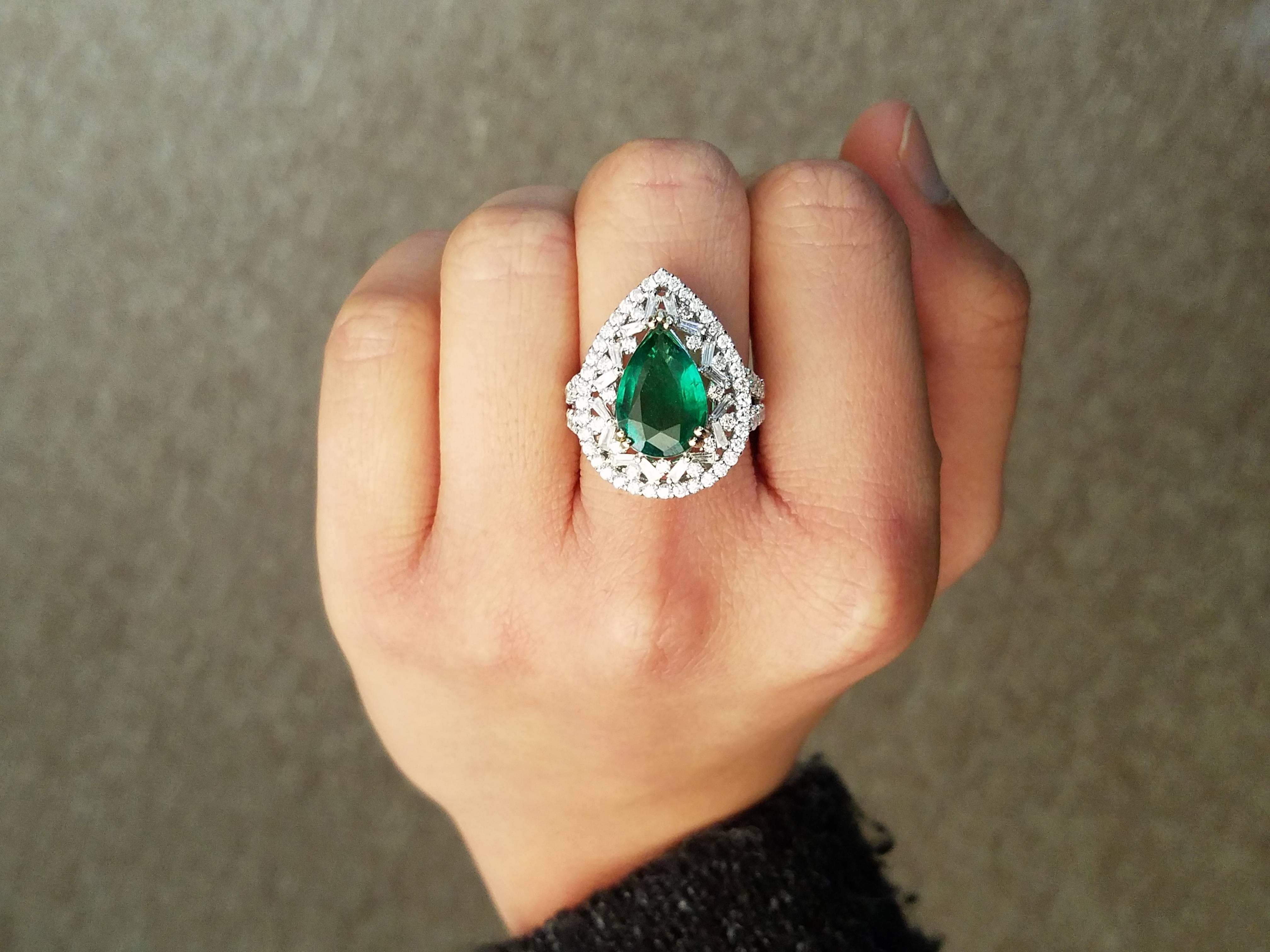 Pear Cut 3.52 Carat Pear Shape Emerald and Diamond Cocktail Ring