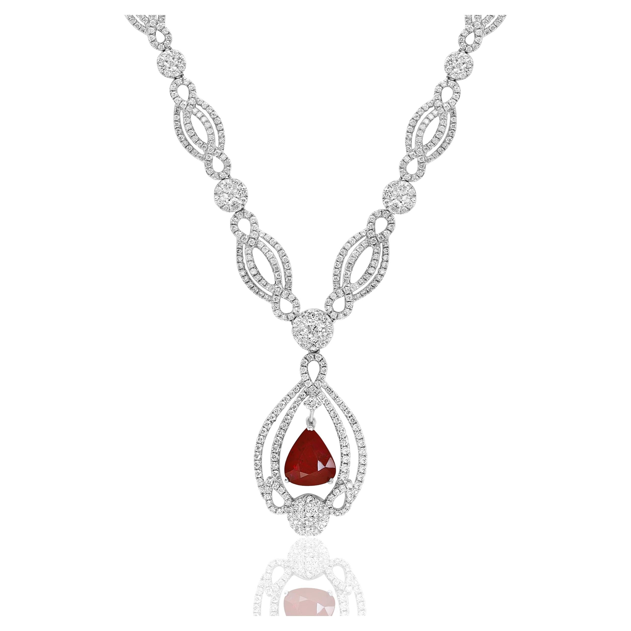 3.52 Carat Pear Shape Ruby and Diamond Necklace in 18 White Gold For Sale