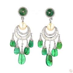 3.52 Carat Round Brilliant Cut Diamond Emerald Pearl Earrings