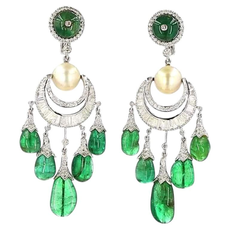 3.52 Carat Round Brilliant Cut Diamond Emerald Pearl Earrings