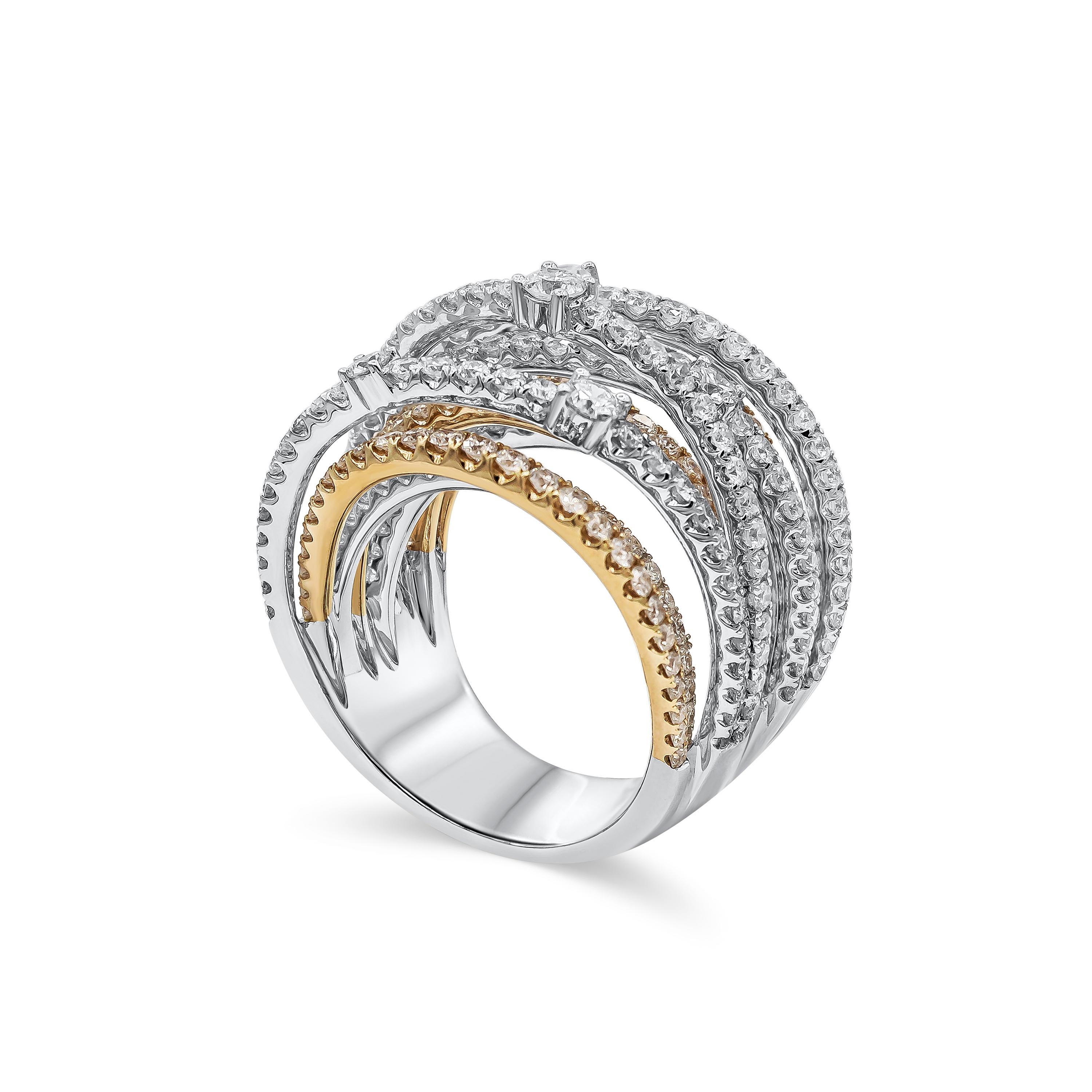 Showcasing multiple rows of round brilliant diamonds that elegantly intertwine with each other. Diamonds weigh 3.52 carats total. Made in 18k white and rose gold. Size 6.5 US.

Style available in different price ranges. Prices are based on your