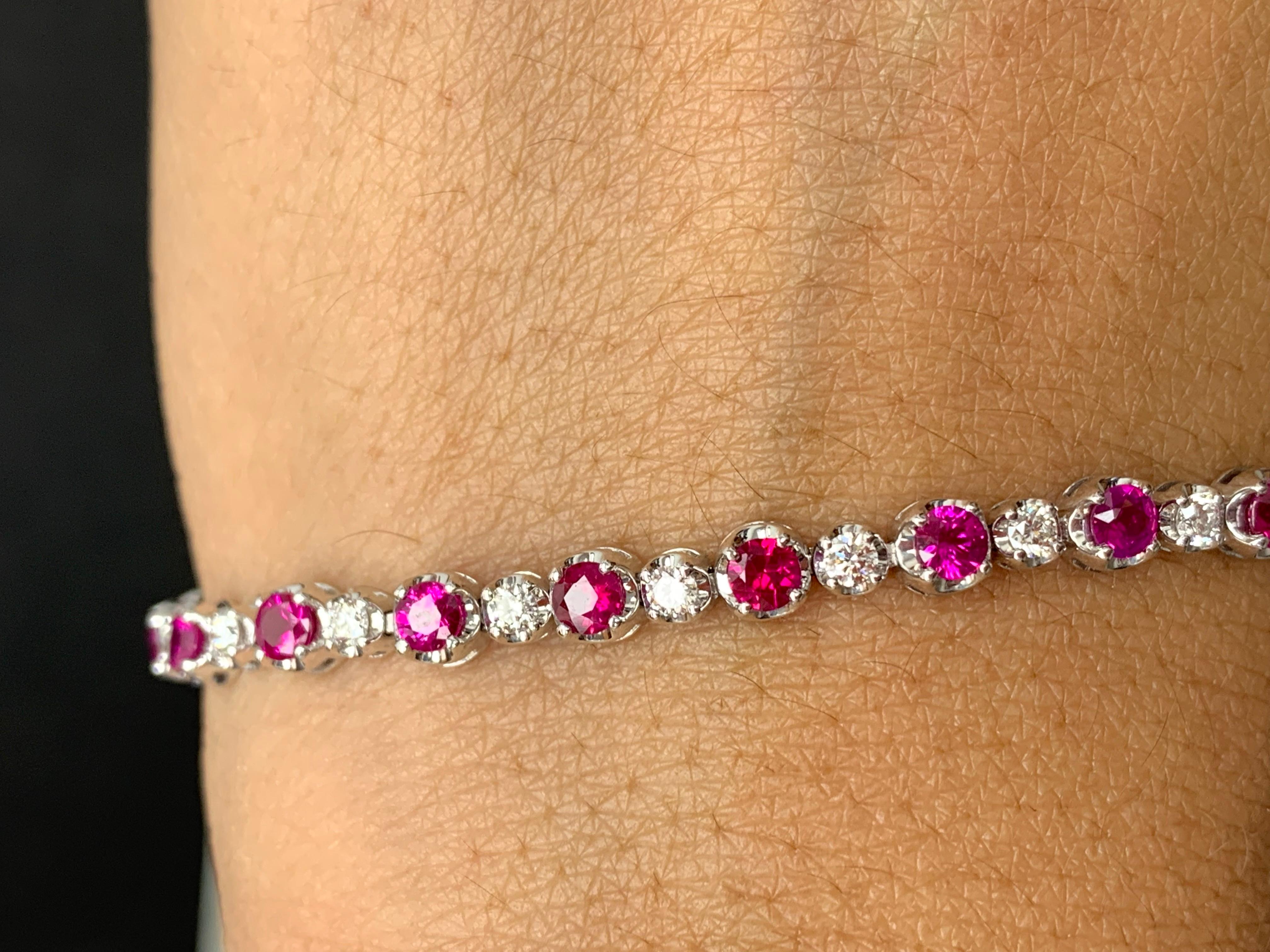 A stunning bracelet set with 23 Vibrant Blue Sapphires weighing 3.52 carats total. Alternating these blue sapphires are 25 sparkling round diamonds weighing 1.15 carats in total. Set in polished 14k white gold. Double lock mechanism for maximum