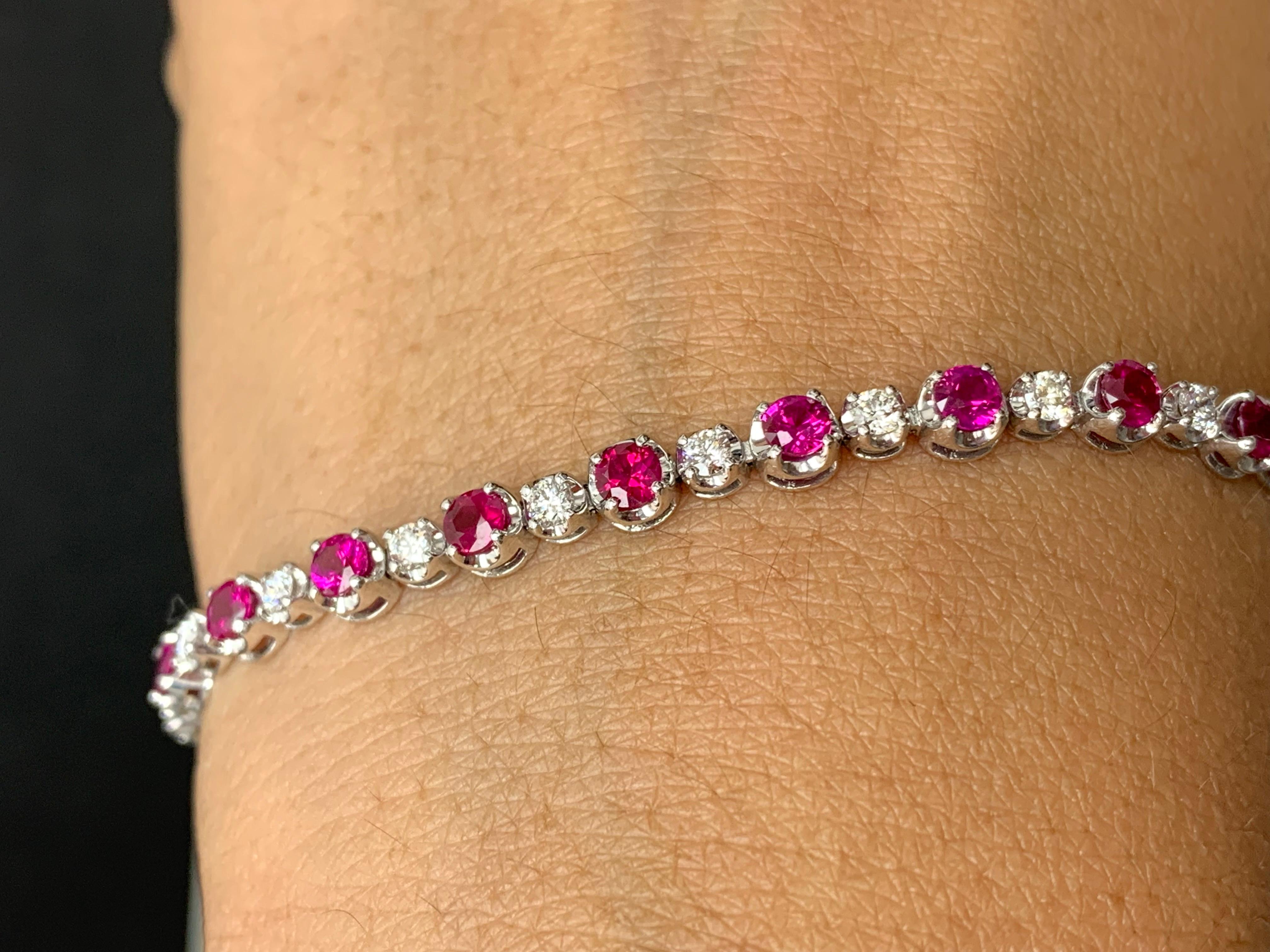 Modern 3.52 Carat Round Rubies and Diamond Bracelet in 14k White Gold For Sale