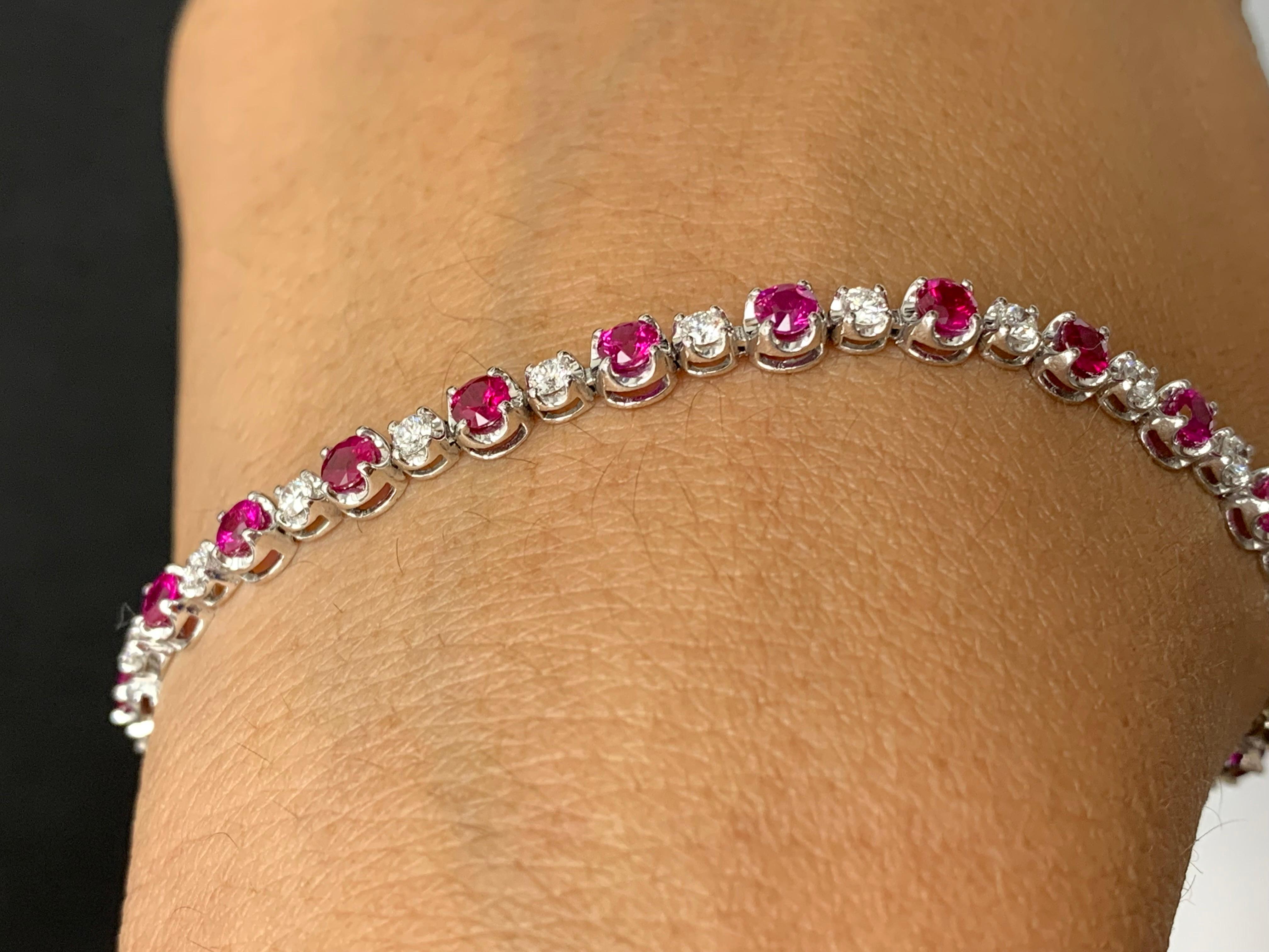 Round Cut 3.52 Carat Round Rubies and Diamond Bracelet in 14k White Gold For Sale