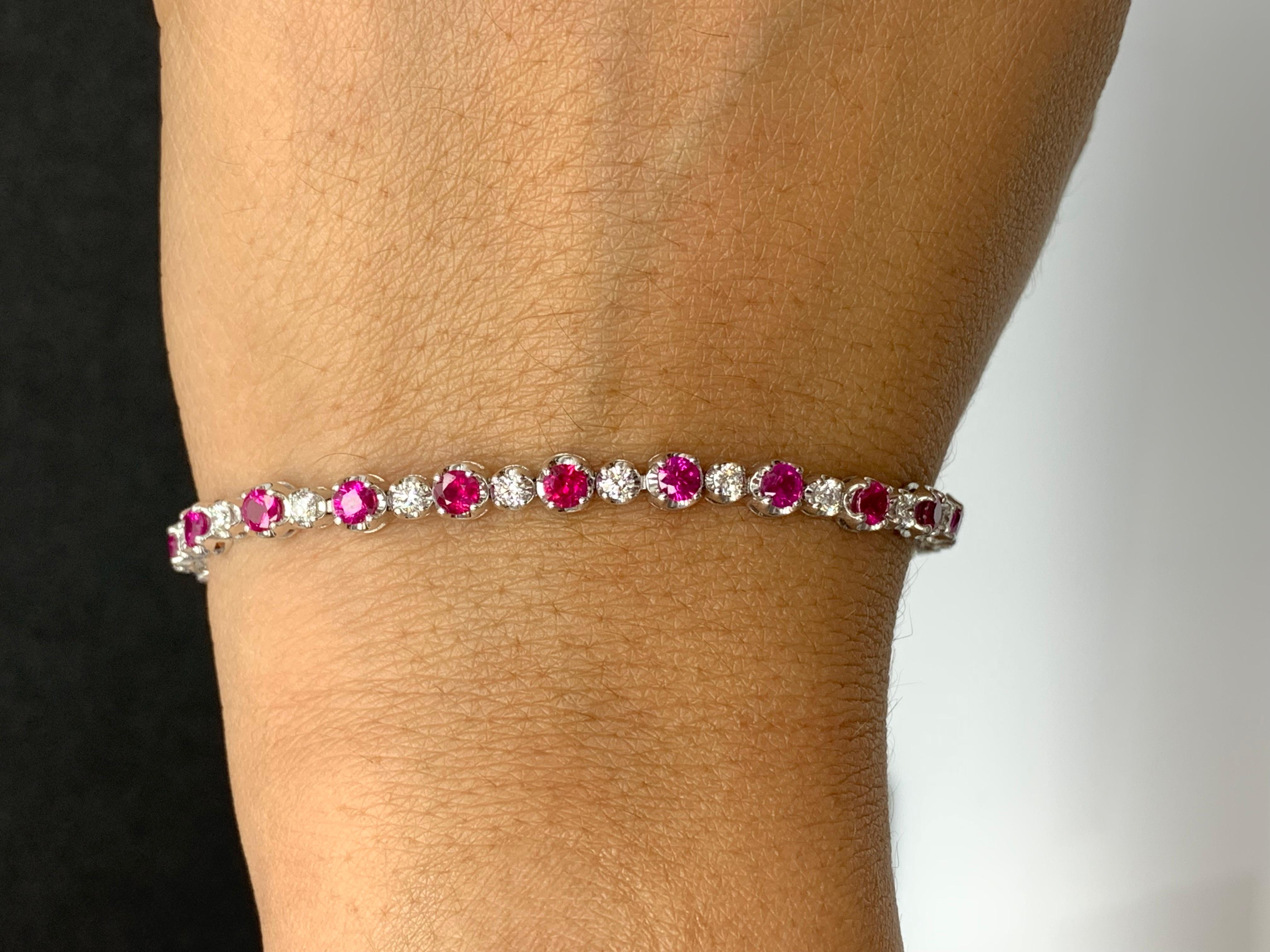 3.52 Carat Round Rubies and Diamond Bracelet in 14k White Gold In New Condition For Sale In NEW YORK, NY