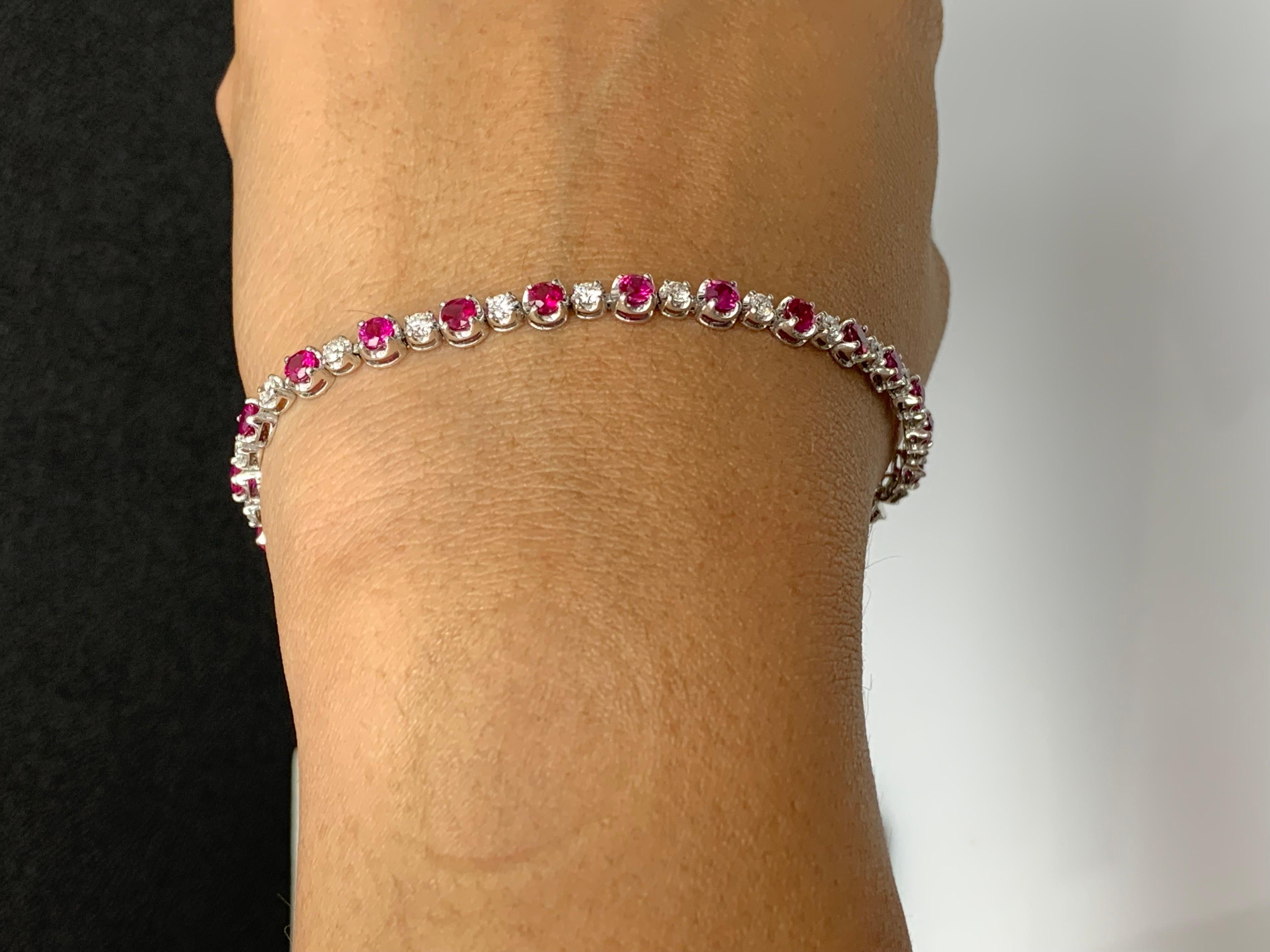 Women's 3.52 Carat Round Rubies and Diamond Bracelet in 14k White Gold For Sale