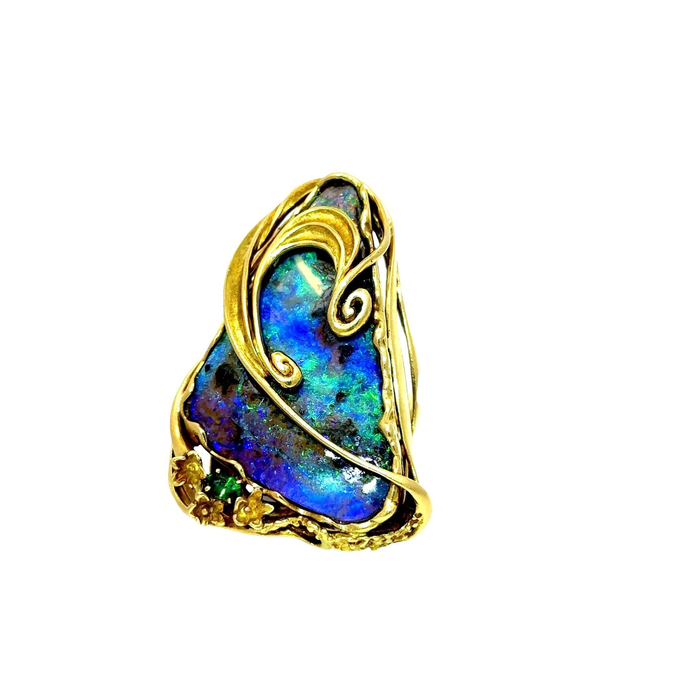 Contemporary 35.23 Carat Australian Boulder Opal Tsavorite 18K Yellow Gold Cocktail Ring For Sale