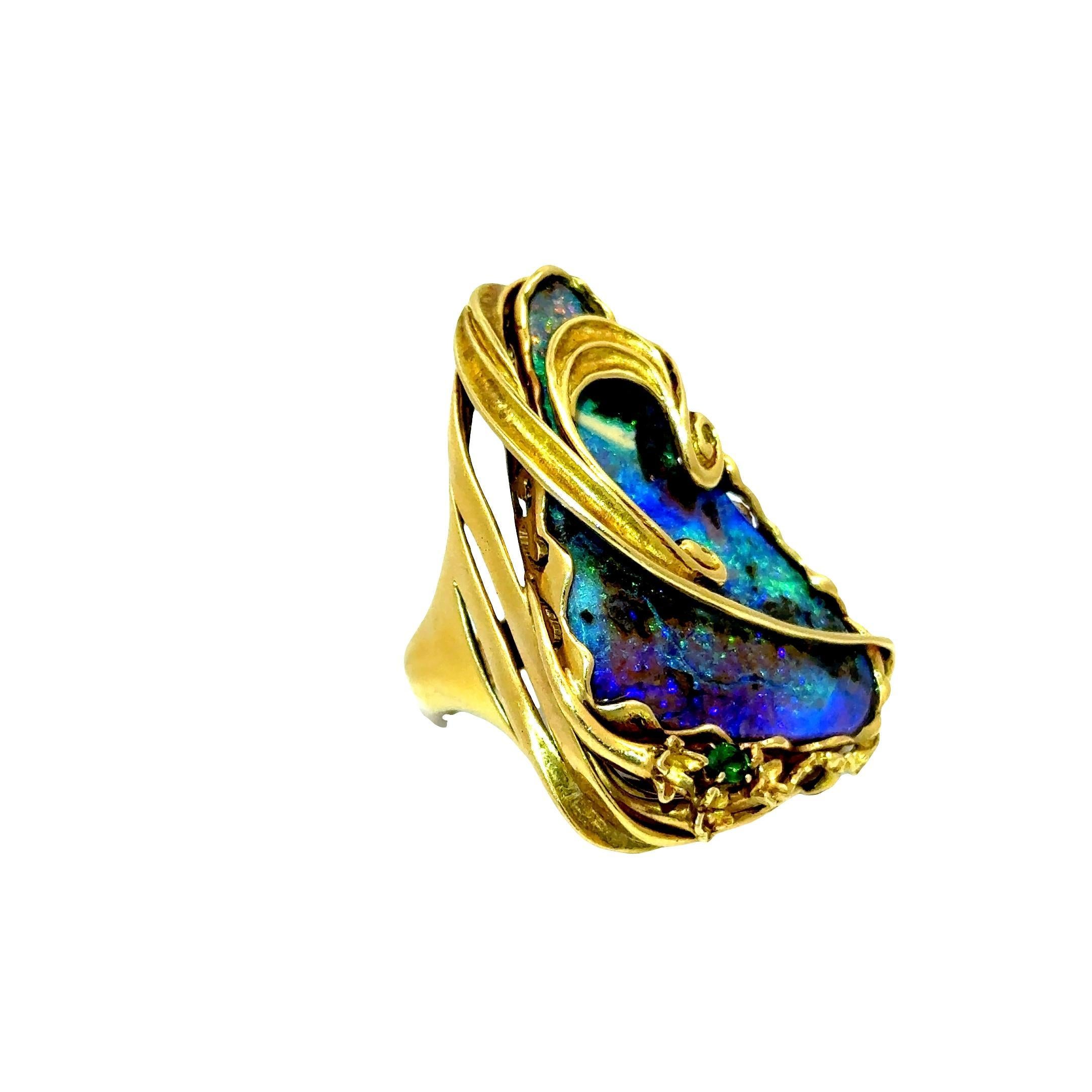 Brilliant Cut 35.23 Carat Australian Boulder Opal Tsavorite 18K Yellow Gold Cocktail Ring For Sale
