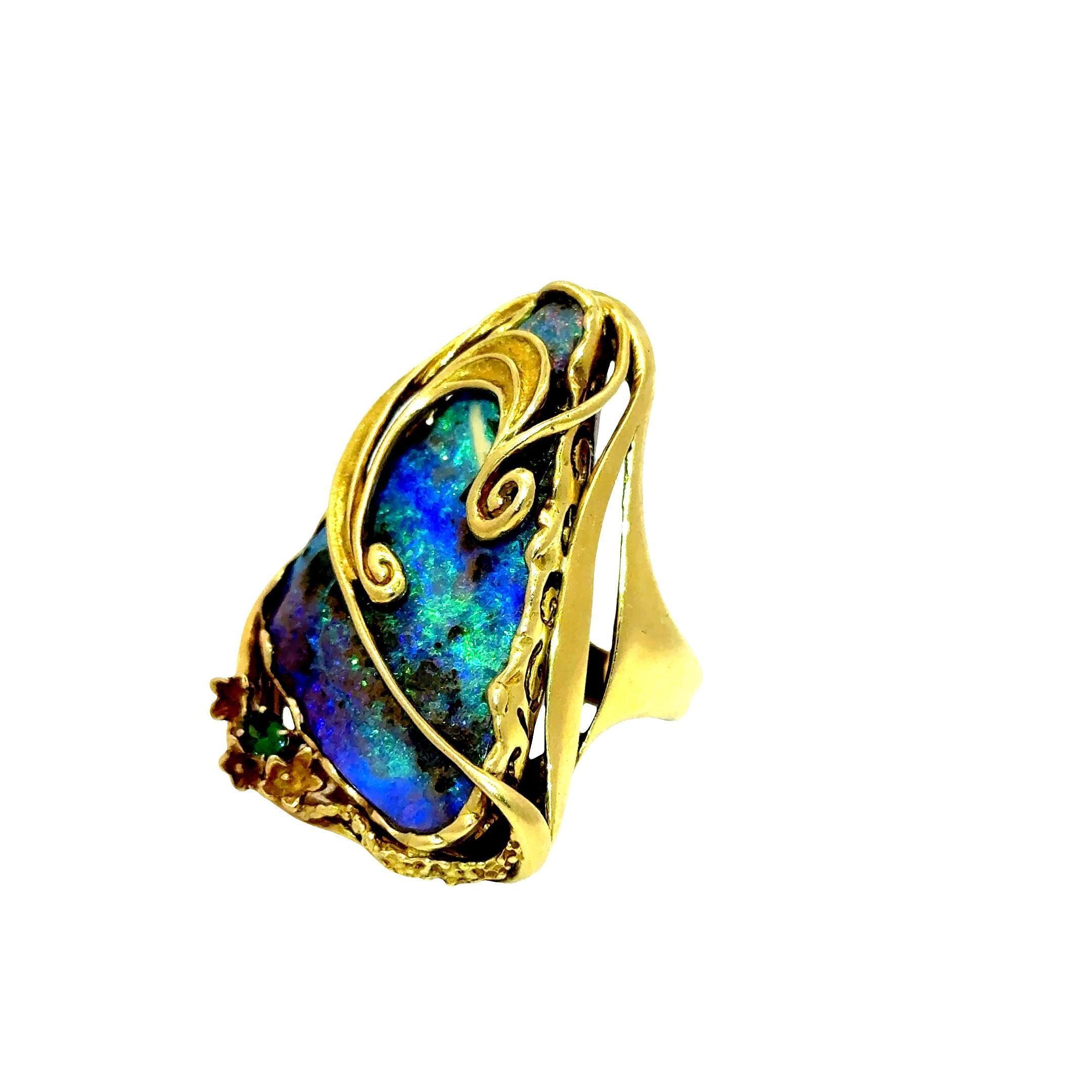 35.23 Carat Australian Boulder Opal Tsavorite 18K Yellow Gold Cocktail Ring In Excellent Condition For Sale In Beverly Hills, CA