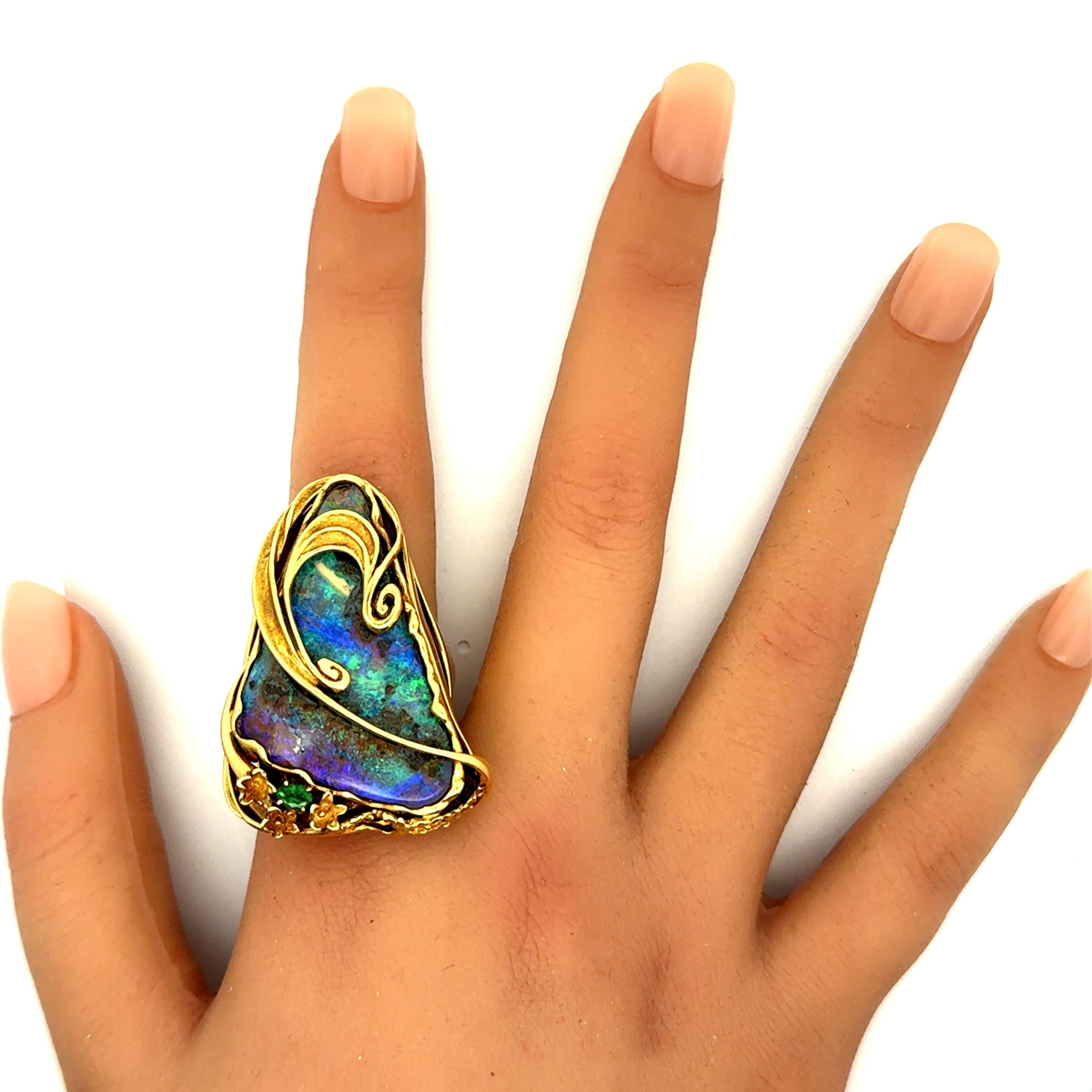 Women's 35.23 Carat Australian Boulder Opal Tsavorite 18K Yellow Gold Cocktail Ring For Sale