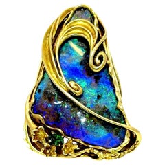 35.23 Carat Australian Boulder Opal Tsavorite 18K Yellow Gold Cocktail Ring