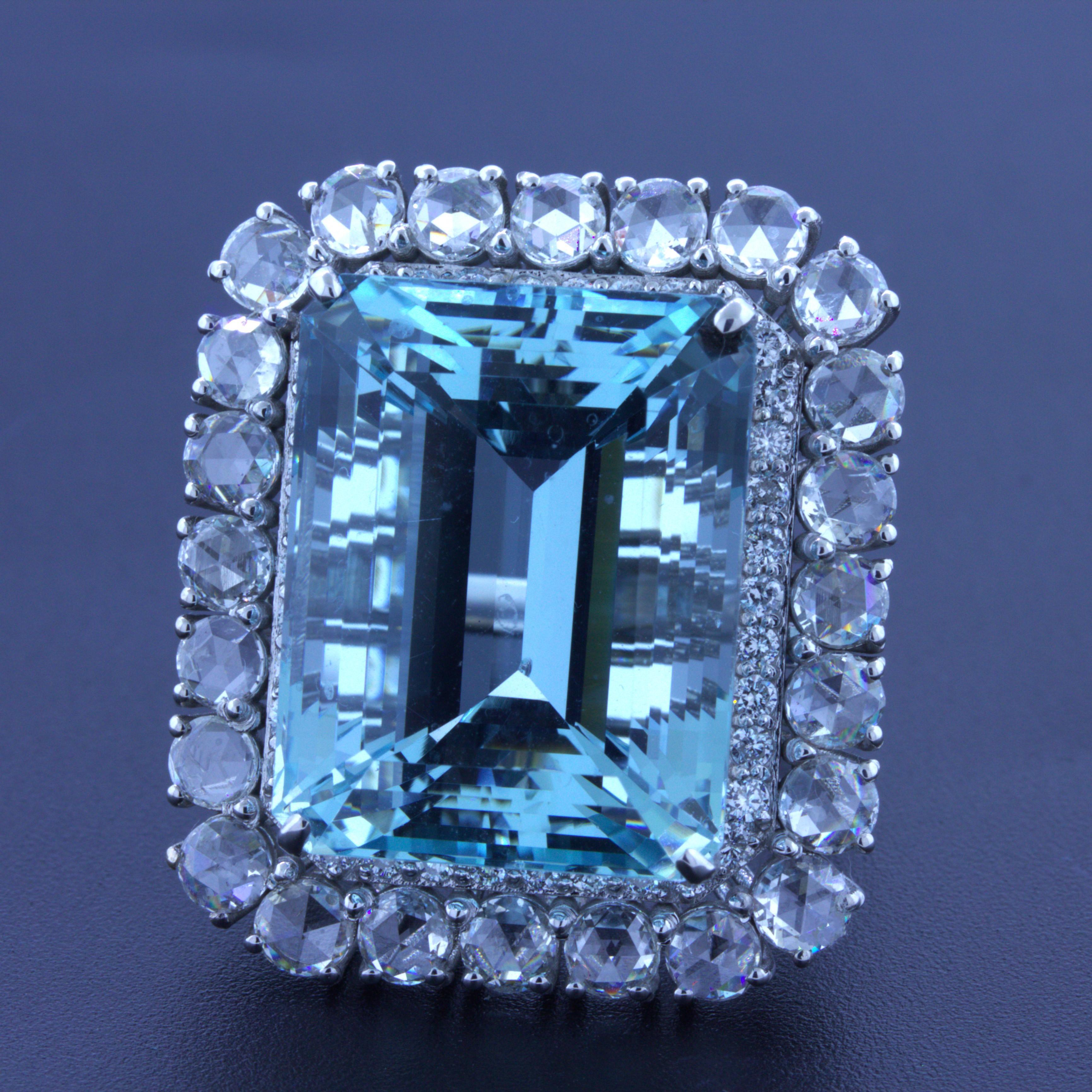 Emerald Cut 35.28 Carat Aquamarine Diamond 18k White Gold Cocktail Ring For Sale