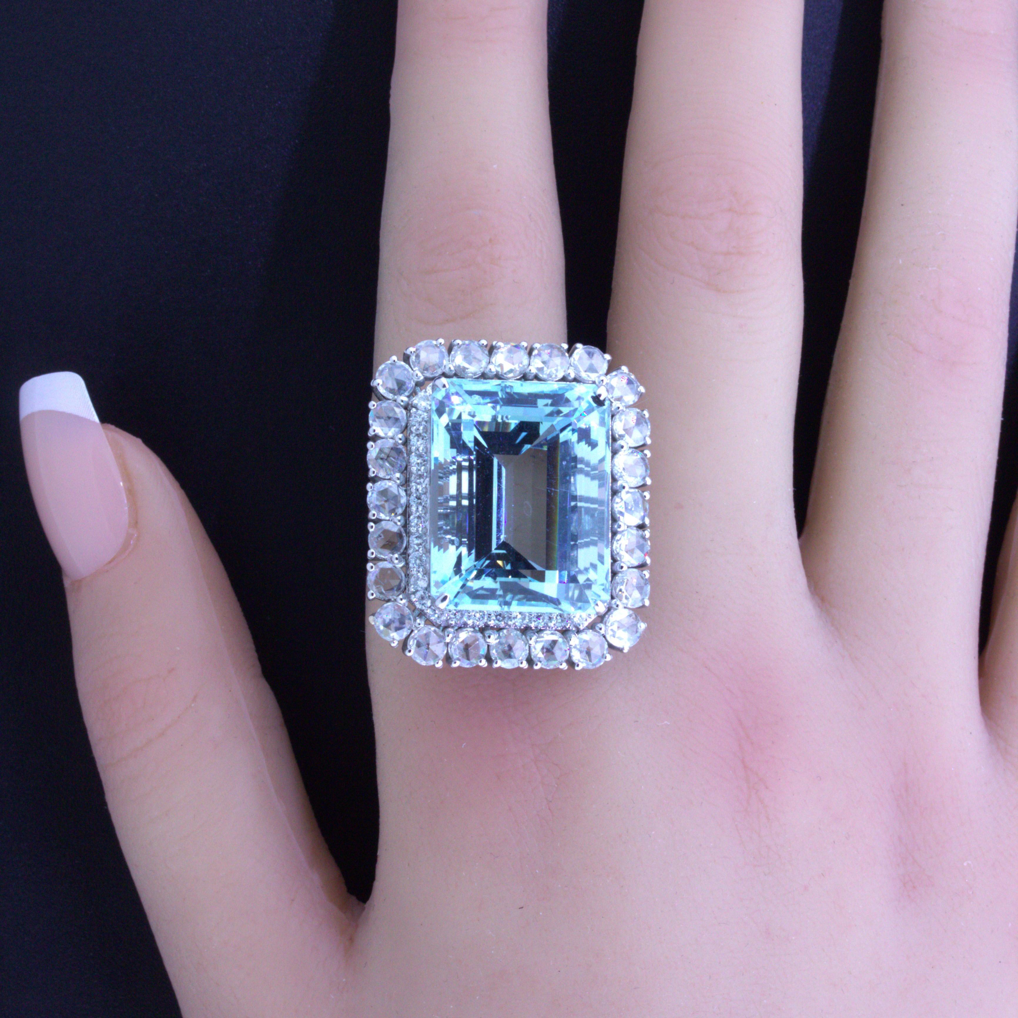 35.28 Carat Aquamarine Diamond 18k White Gold Cocktail Ring In New Condition For Sale In Beverly Hills, CA